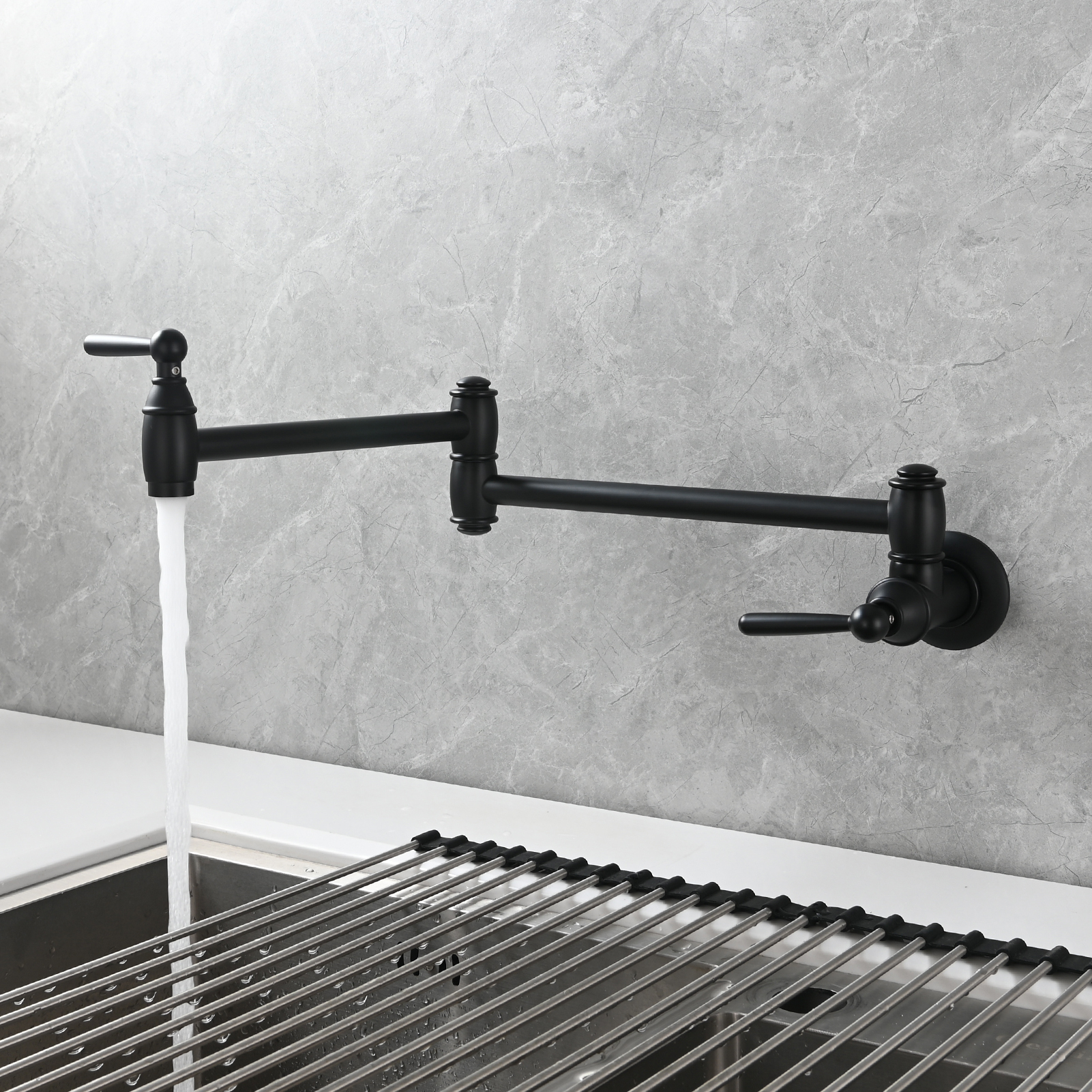 Tecmolog Brass Pot Filler Folding Wall Mount Faucet with Double Joint Swing Arm Single Hole Faucet