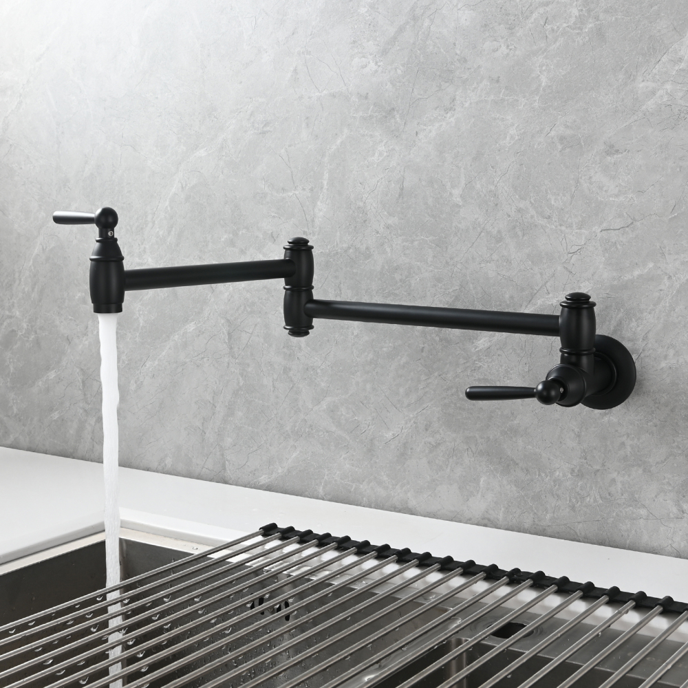 Tecmolog Brass Pot Filler Folding Wall Mount Faucet with Double Joint Swing Arm Single Hole Faucet