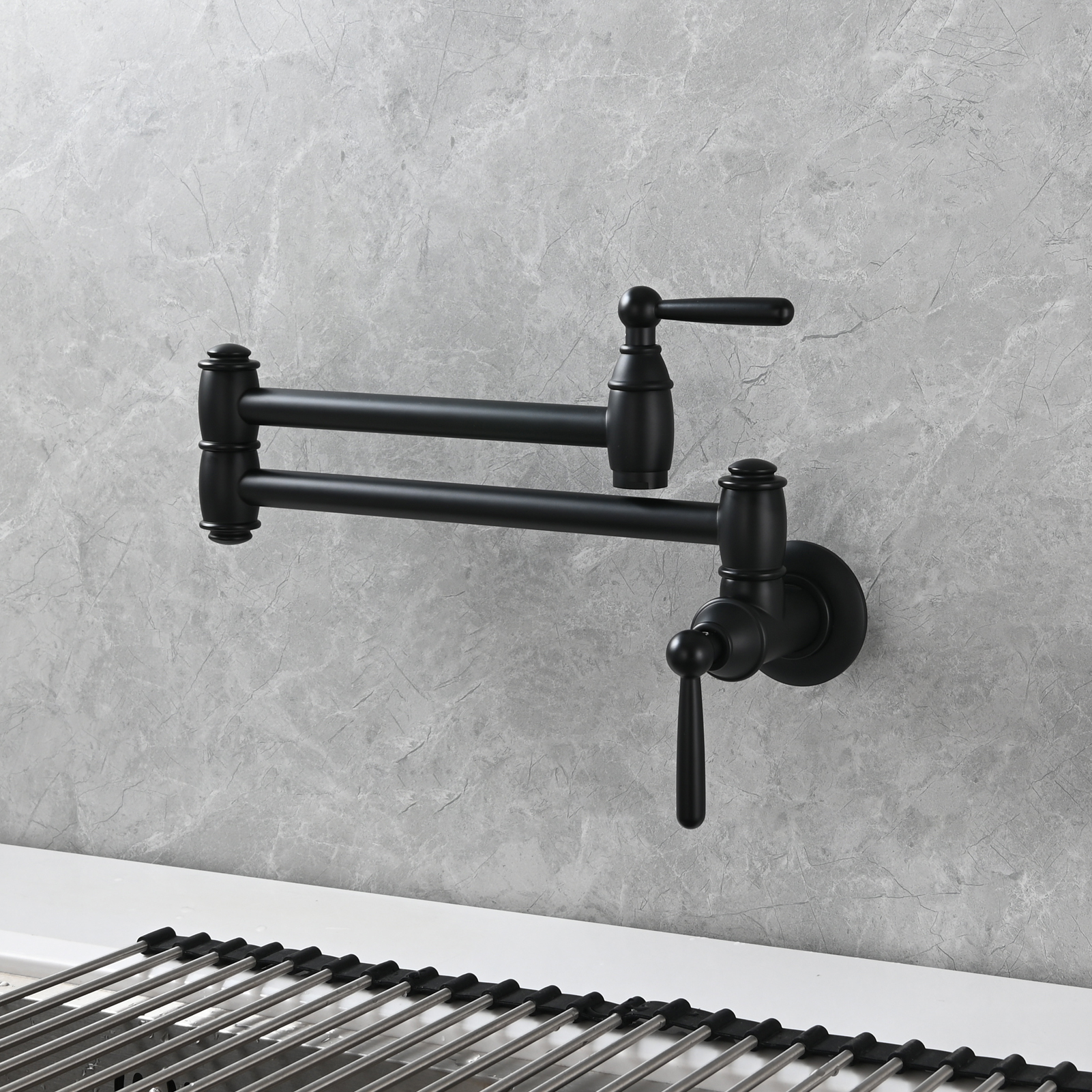 Tecmolog Brass Pot Filler Folding Wall Mount Faucet with Double Joint Swing Arm Single Hole Faucet