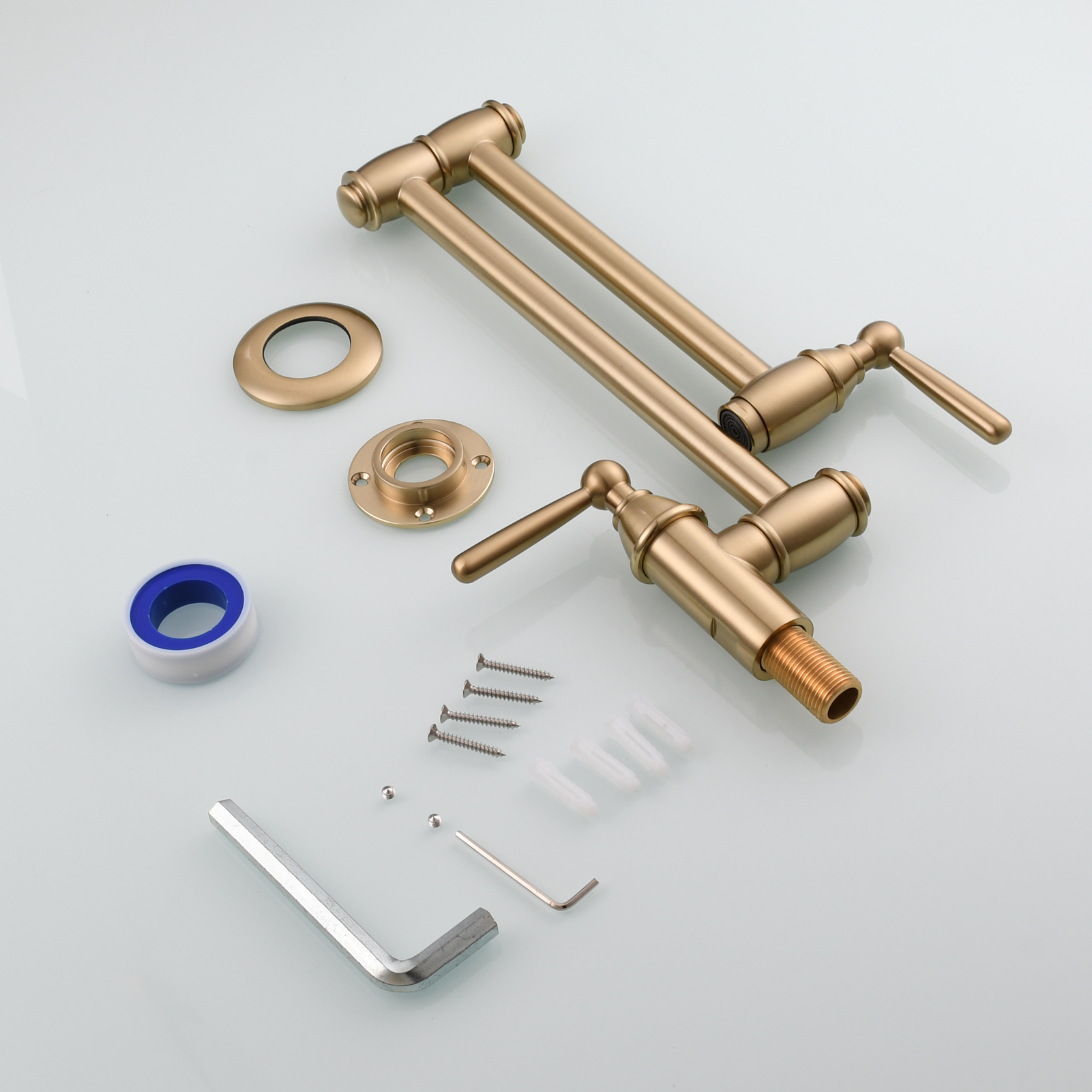 Tecmolog Brass Pot Filler Folding Wall Mount Faucet with Double Joint Swing Arm Single Hole Faucet