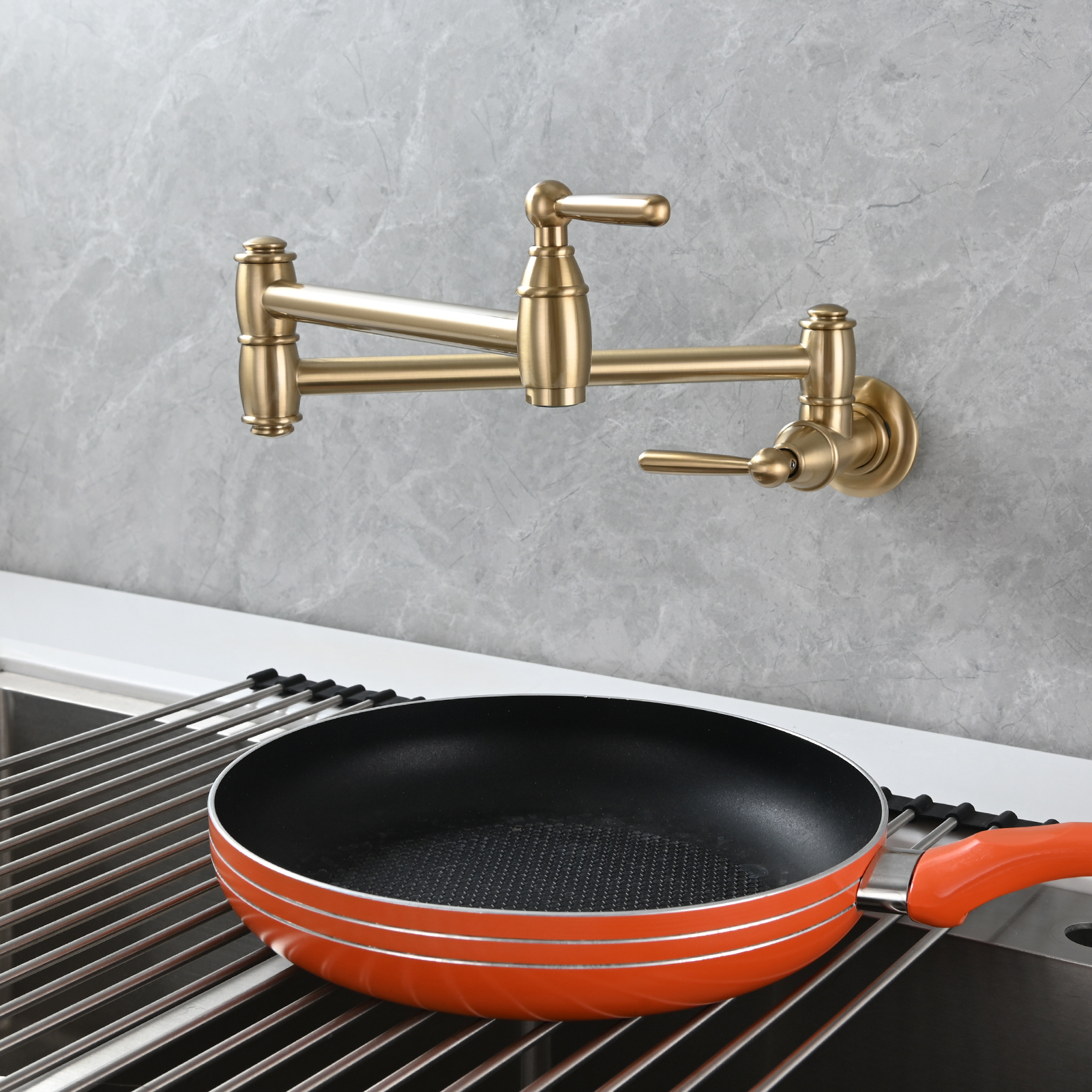 Tecmolog Brass Pot Filler Folding Wall Mount Faucet with Double Joint Swing Arm Single Hole Faucet