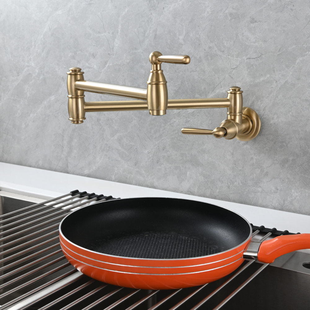 Tecmolog Brass Pot Filler Folding Wall Mount Faucet with Double Joint Swing Arm Single Hole Faucet