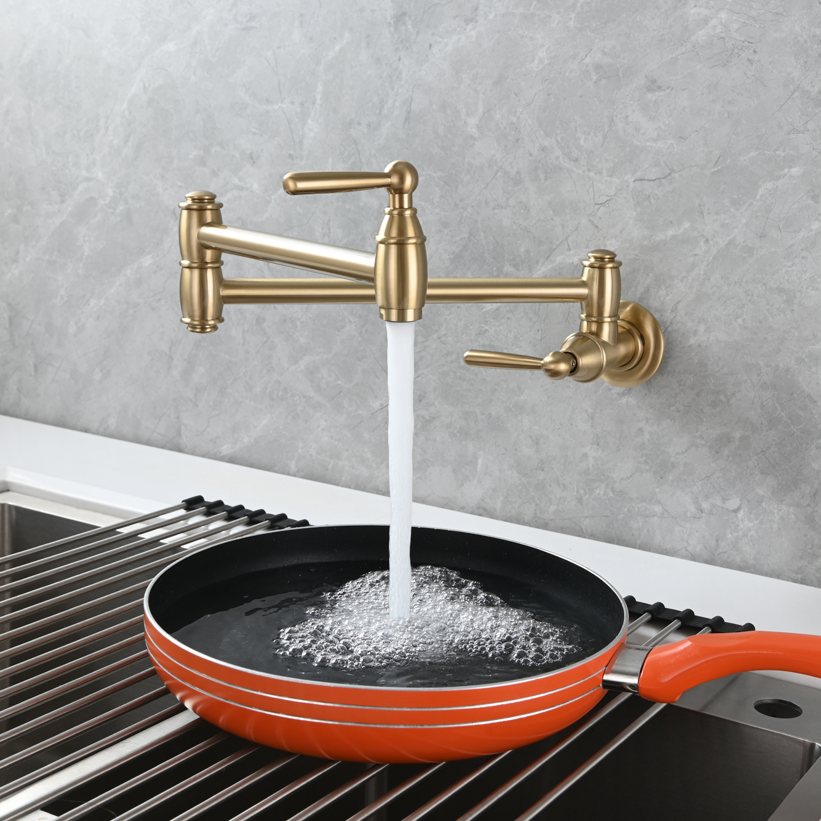 Tecmolog Brass Pot Filler Folding Wall Mount Faucet with Double Joint Swing Arm Single Hole Faucet