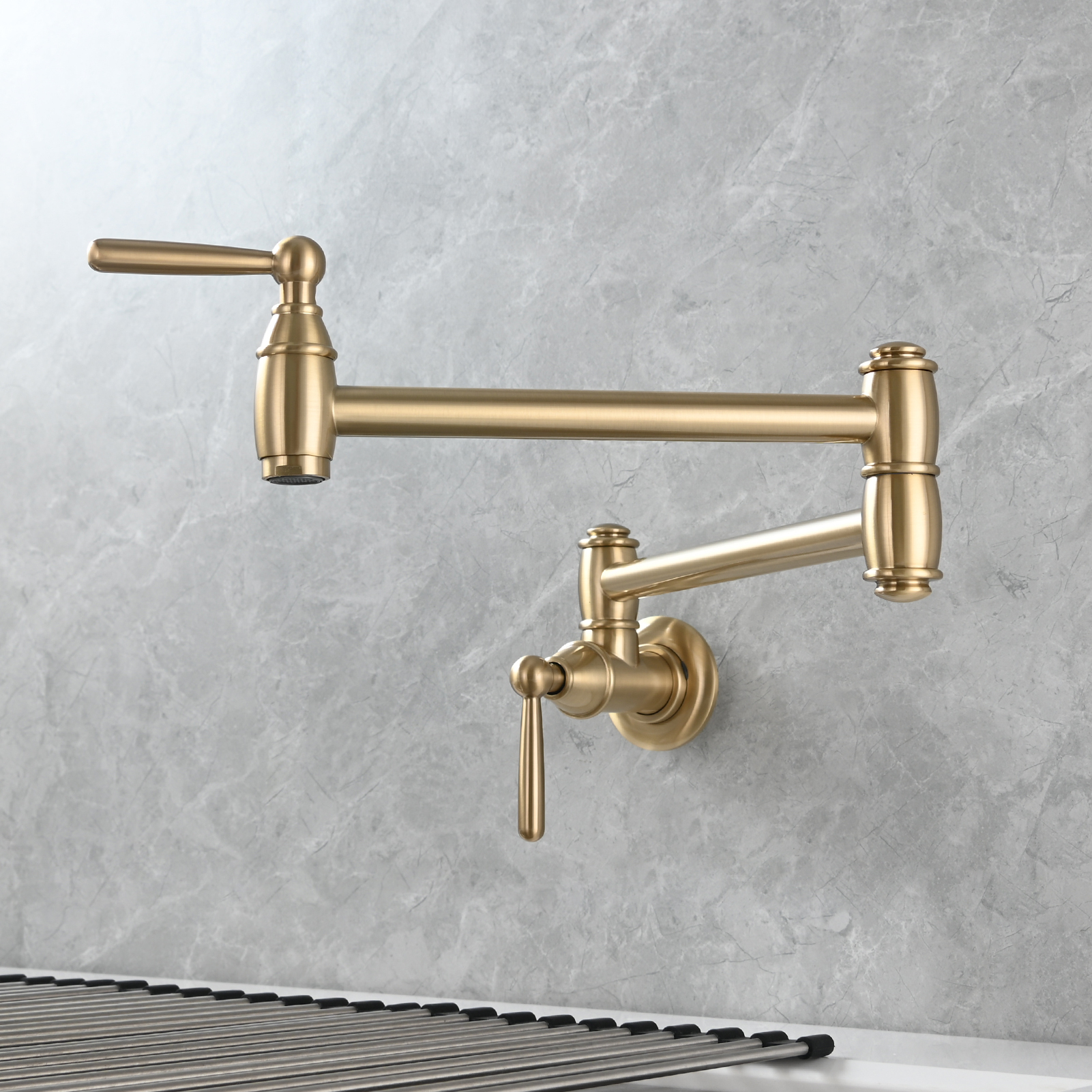 Tecmolog Brass Pot Filler Folding Wall Mount Faucet with Double Joint Swing Arm Single Hole Faucet