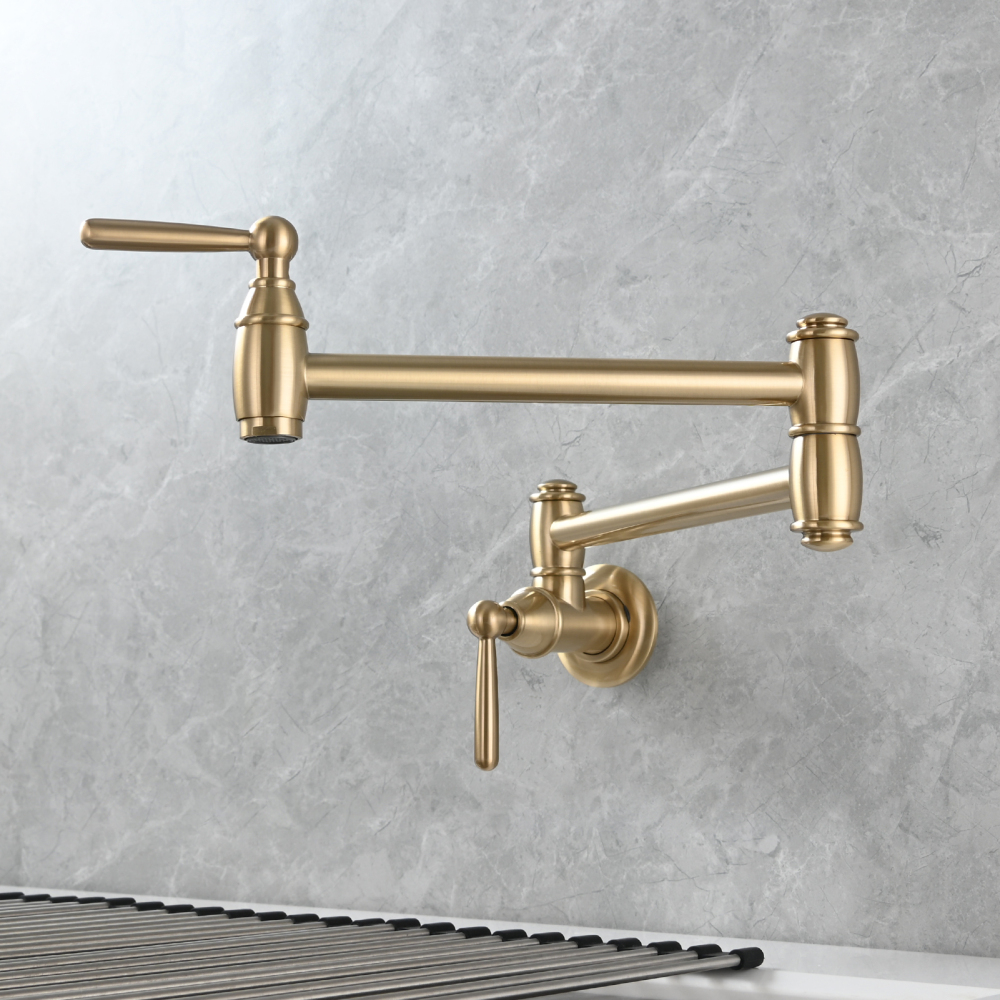Tecmolog Brass Pot Filler Folding Wall Mount Faucet with Double Joint Swing Arm Single Hole Faucet