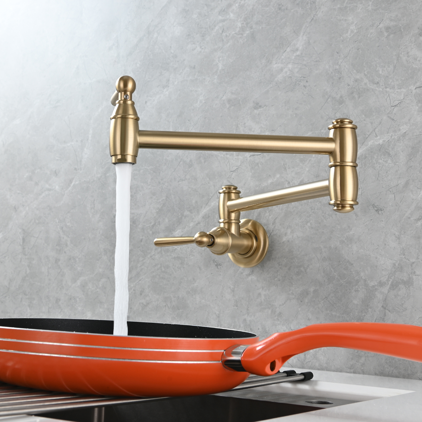 Tecmolog Brass Pot Filler Folding Wall Mount Faucet with Double Joint Swing Arm Single Hole Faucet