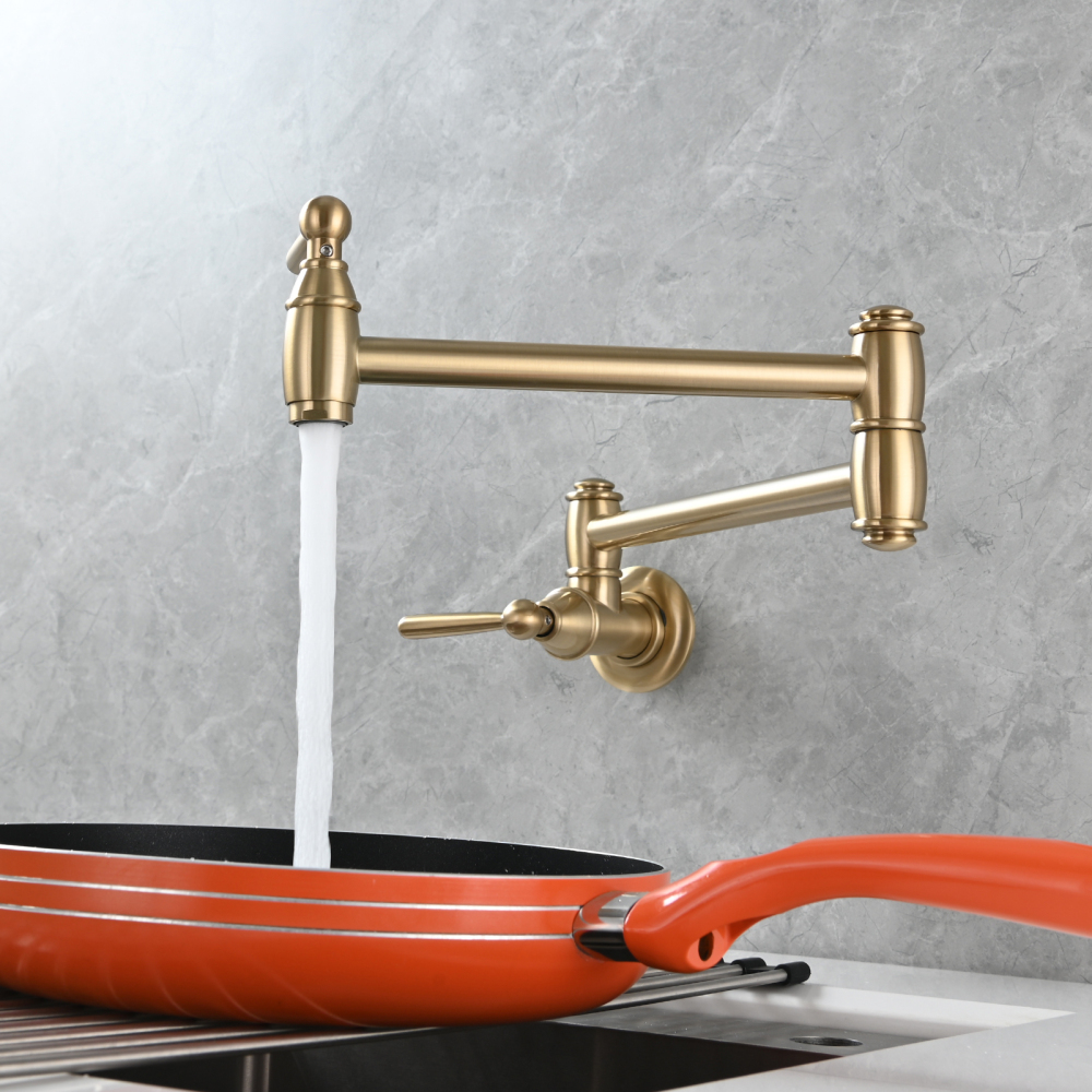 Tecmolog Brass Pot Filler Folding Wall Mount Faucet with Double Joint Swing Arm Single Hole Faucet