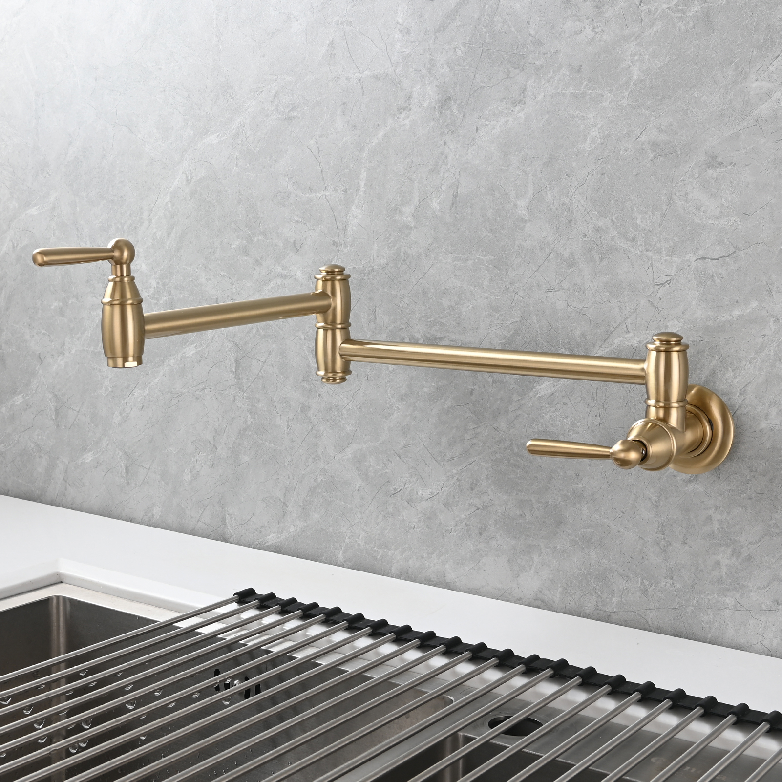 Tecmolog Brass Pot Filler Folding Wall Mount Faucet with Double Joint Swing Arm Single Hole Faucet