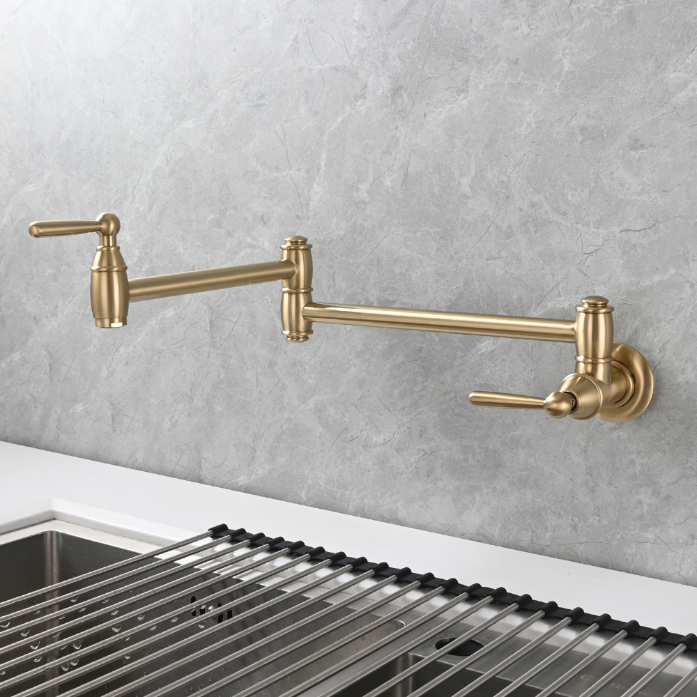 Tecmolog Brass Pot Filler Folding Wall Mount Faucet with Double Joint Swing Arm Single Hole Faucet
