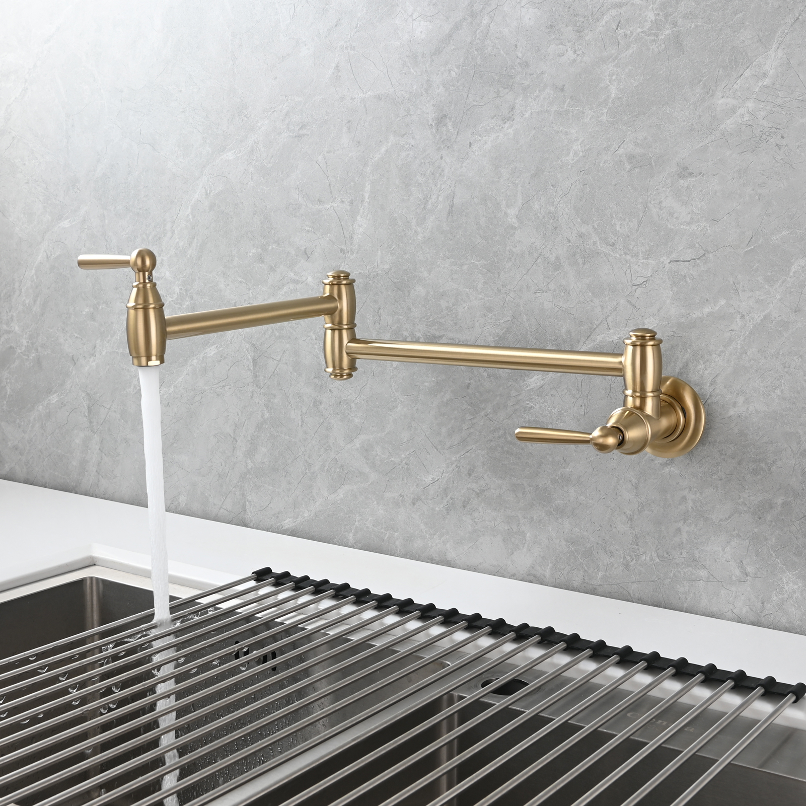 Tecmolog Brass Pot Filler Folding Wall Mount Faucet with Double Joint Swing Arm Single Hole Faucet