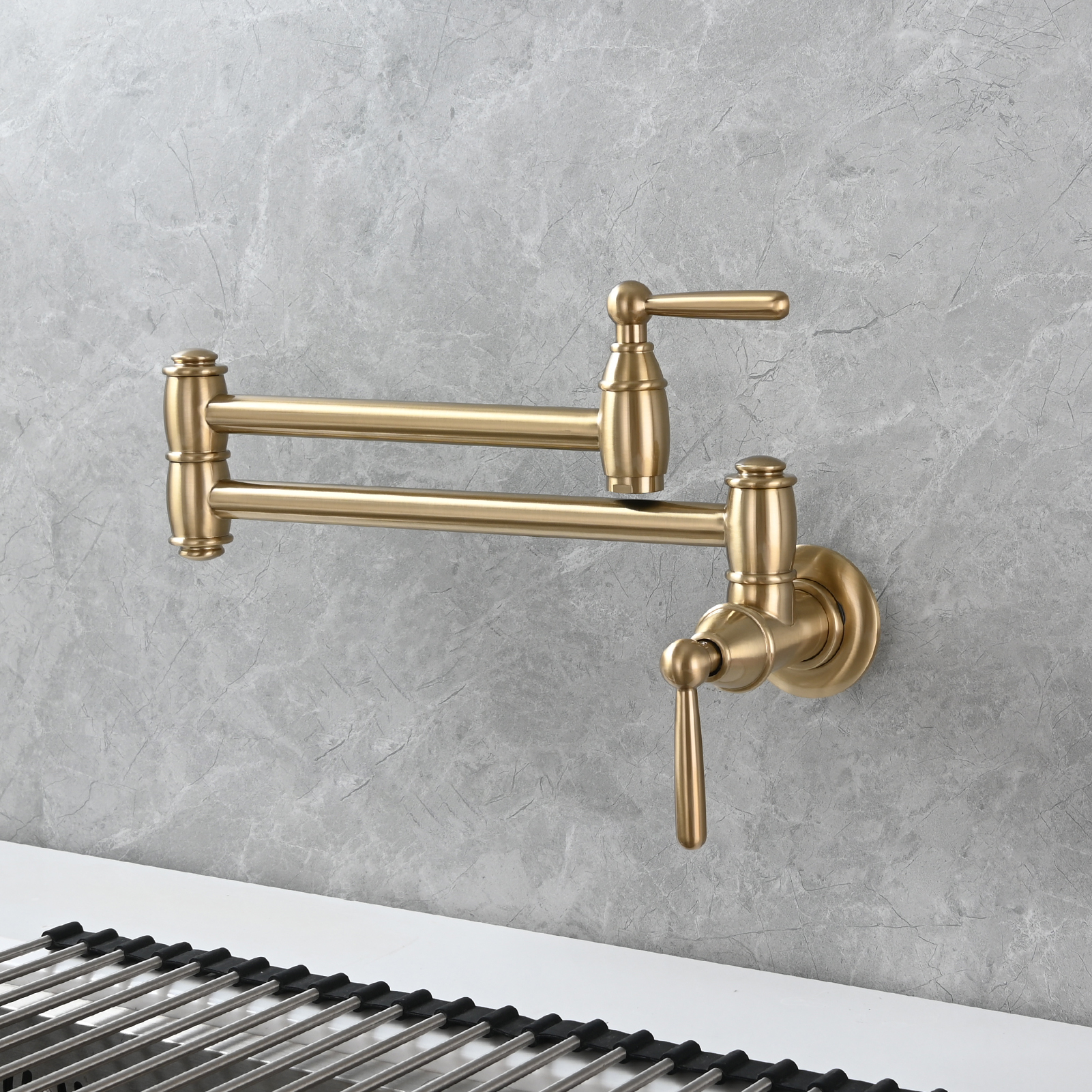 Tecmolog Brass Pot Filler Folding Wall Mount Faucet with Double Joint Swing Arm Single Hole Faucet