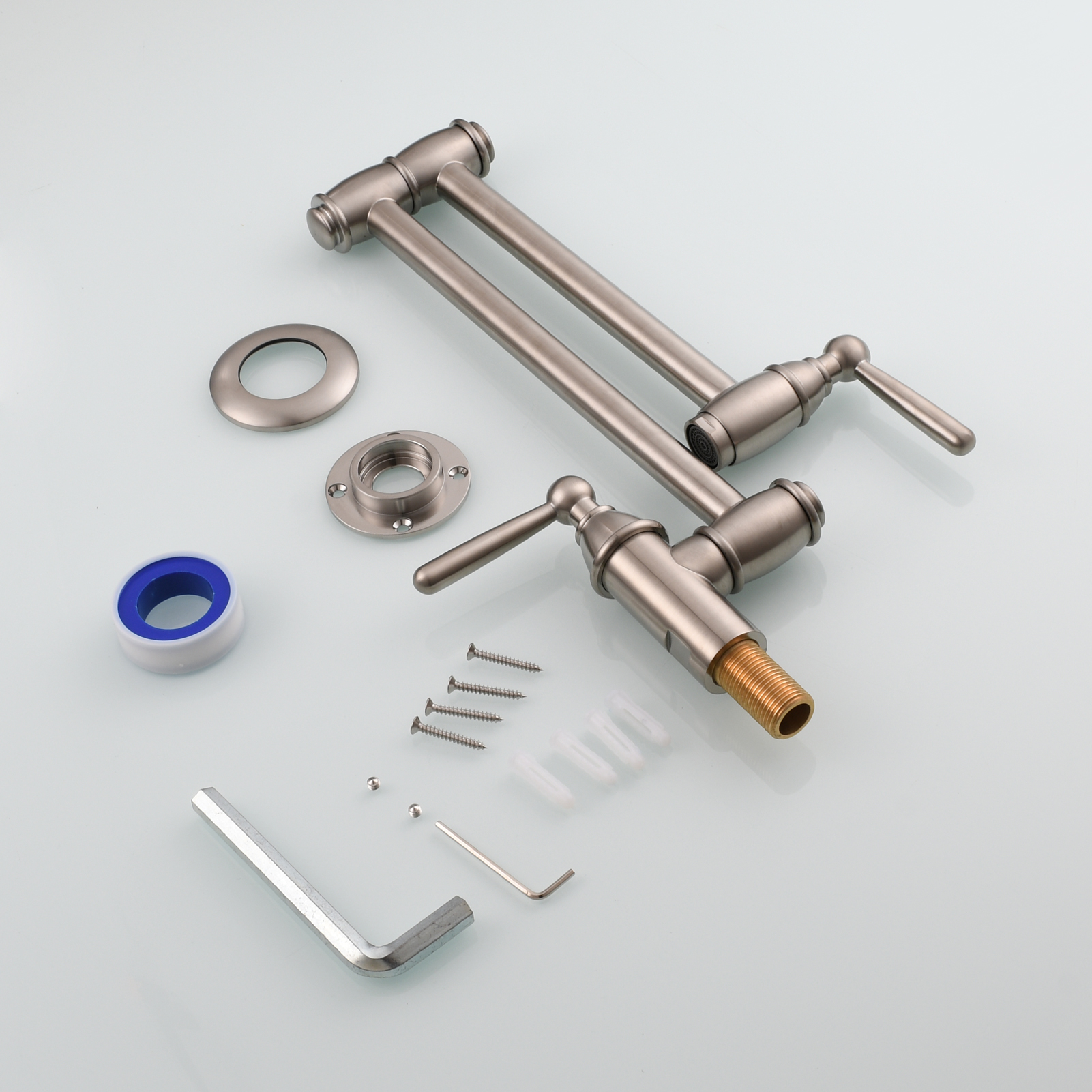 Tecmolog Brass Pot Filler Folding Wall Mount Faucet with Double Joint Swing Arm Single Hole Faucet
