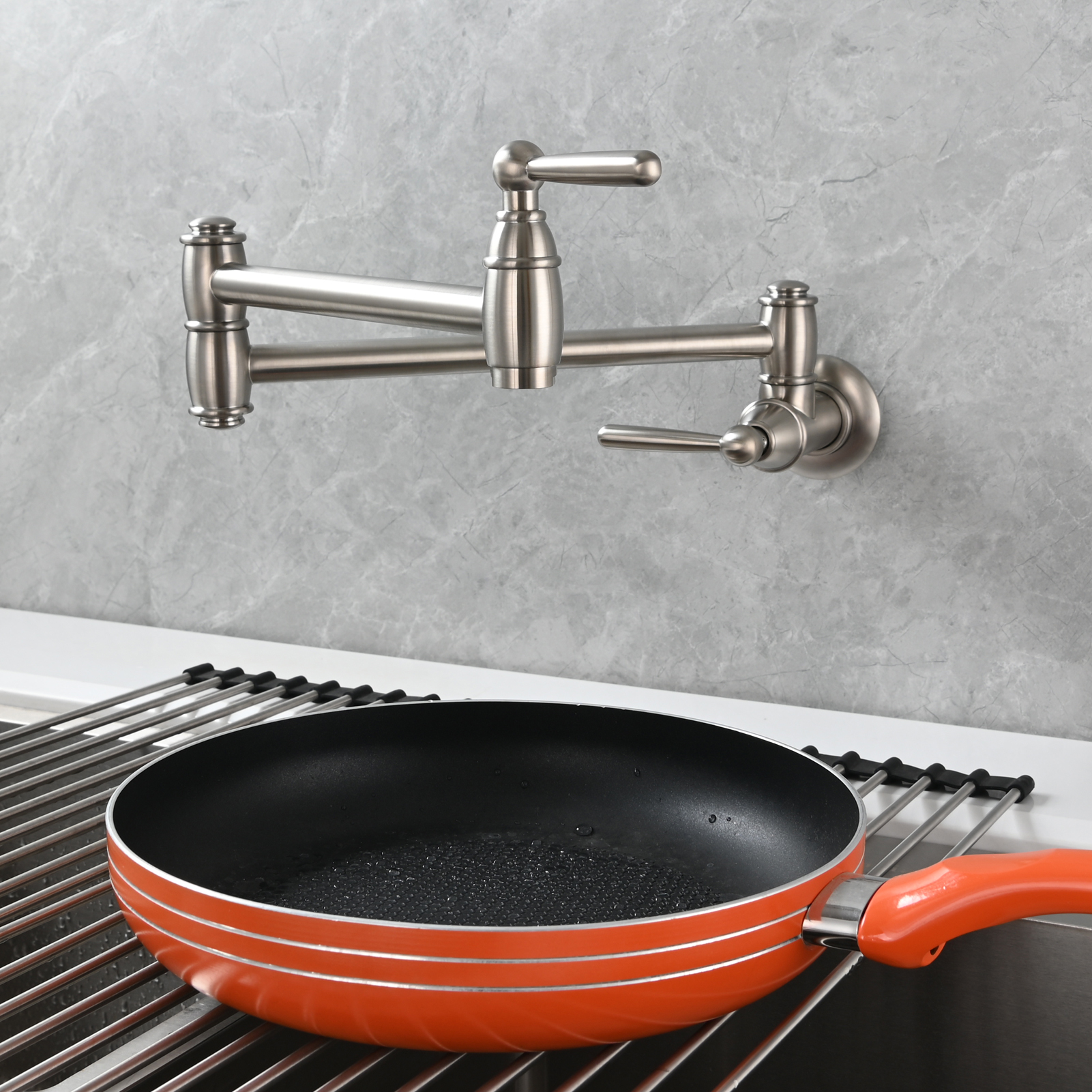 Tecmolog Brass Pot Filler Folding Wall Mount Faucet with Double Joint Swing Arm Single Hole Faucet