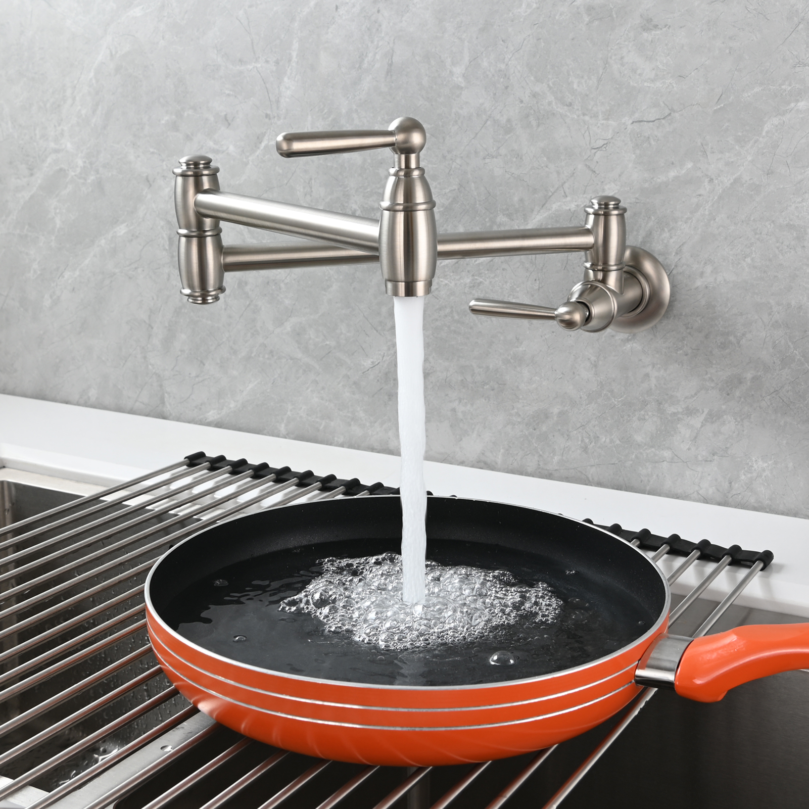 Tecmolog Brass Pot Filler Folding Wall Mount Faucet with Double Joint Swing Arm Single Hole Faucet