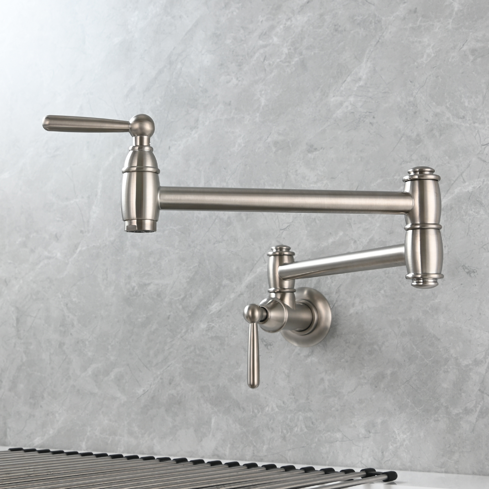 Tecmolog Brass Pot Filler Folding Wall Mount Faucet with Double Joint Swing Arm Single Hole Faucet