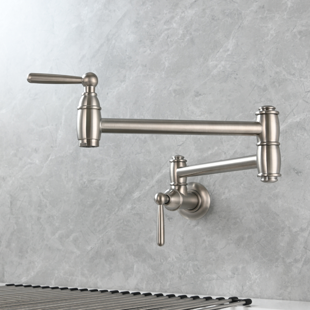 Tecmolog Brass Pot Filler Folding Wall Mount Faucet with Double Joint Swing Arm Single Hole Faucet