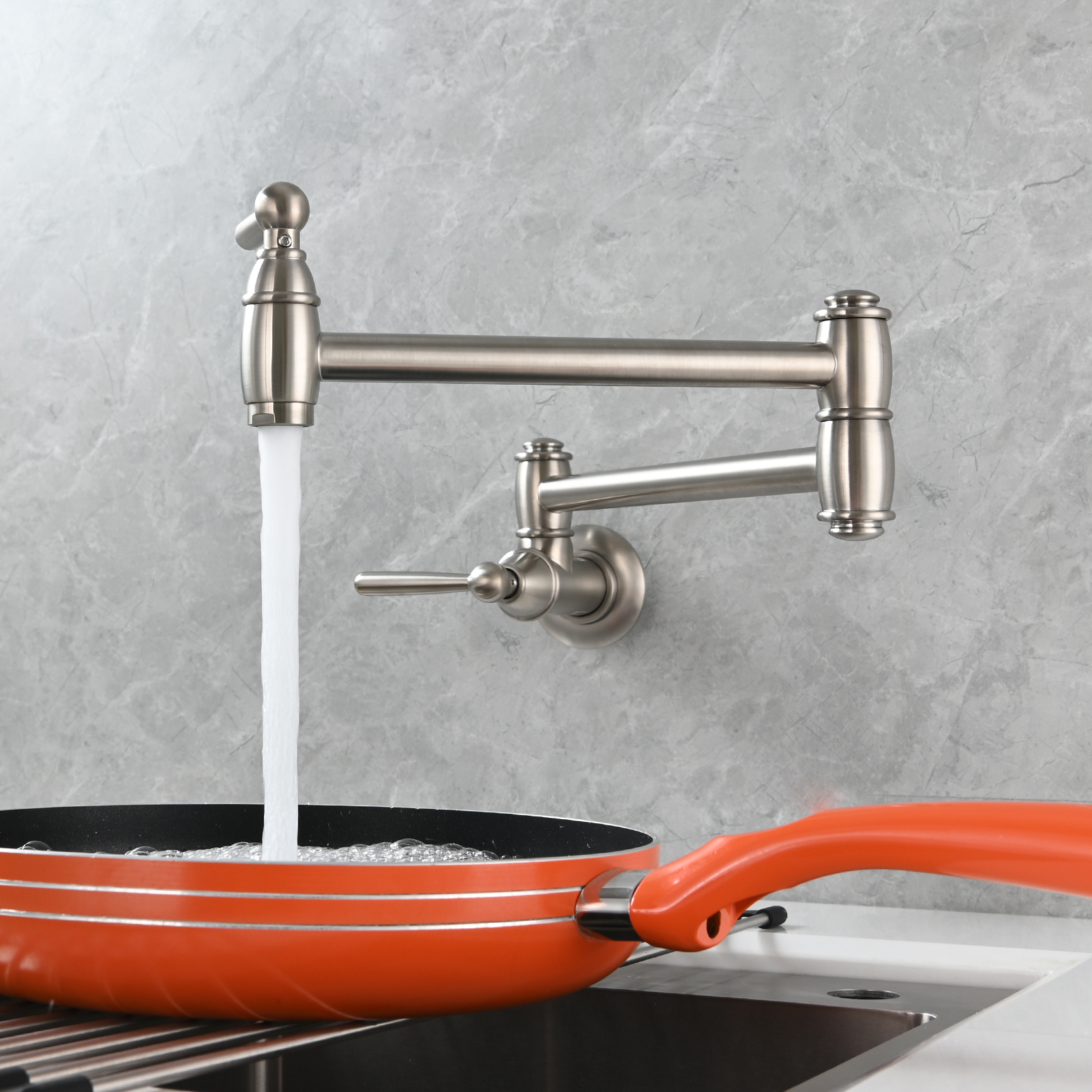 Tecmolog Brass Pot Filler Folding Wall Mount Faucet with Double Joint Swing Arm Single Hole Faucet
