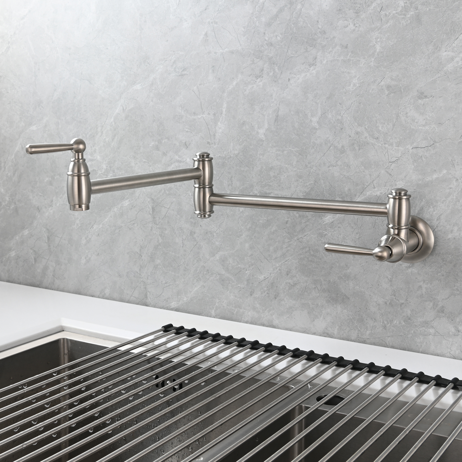 Tecmolog Brass Pot Filler Folding Wall Mount Faucet with Double Joint Swing Arm Single Hole Faucet