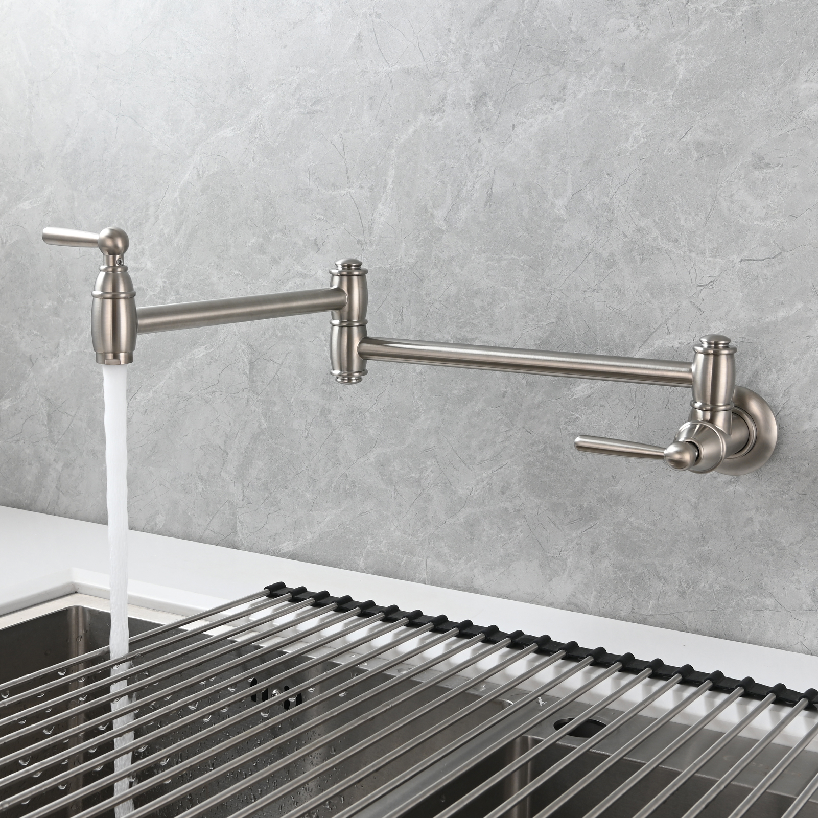 Tecmolog Brass Pot Filler Folding Wall Mount Faucet with Double Joint Swing Arm Single Hole Faucet