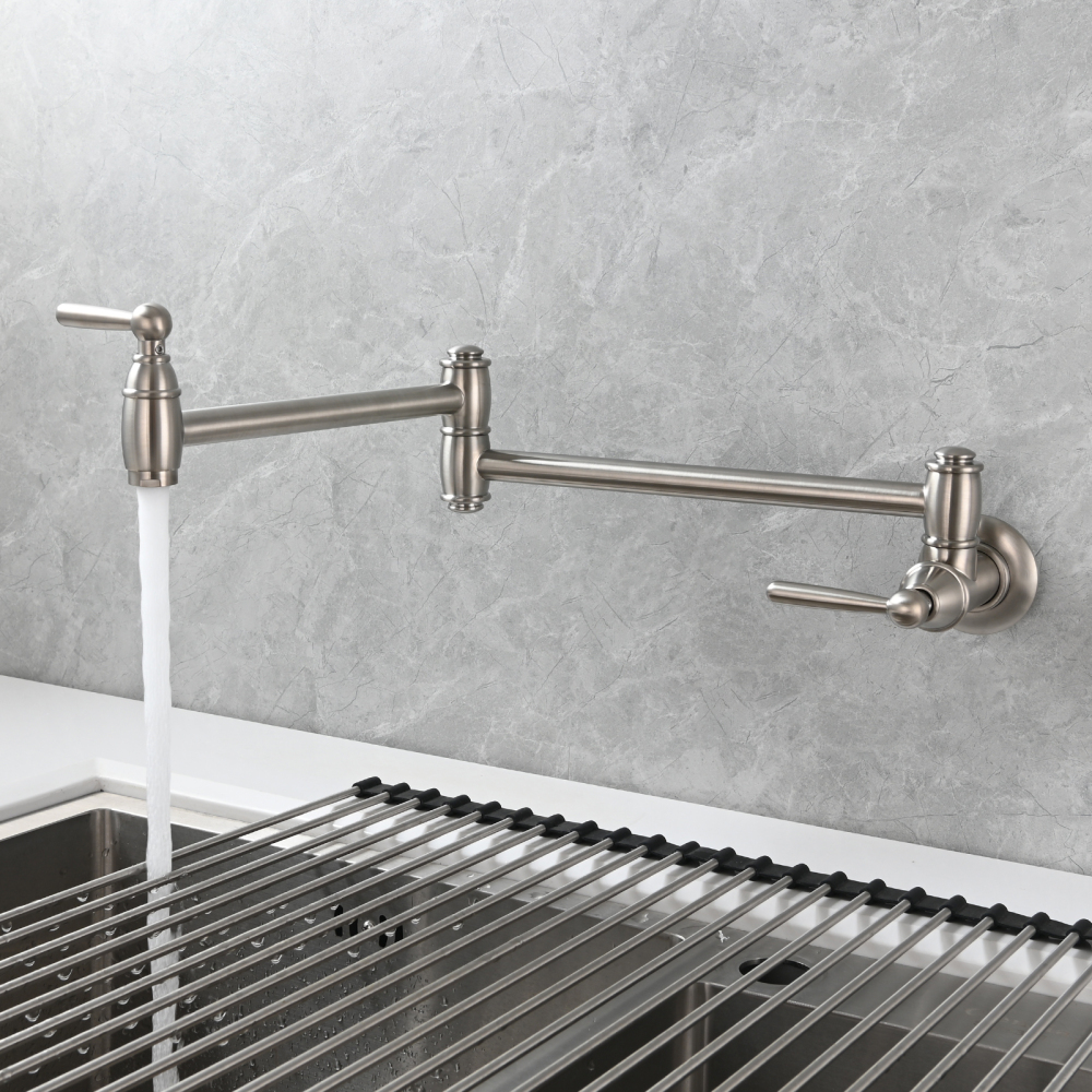Tecmolog Brass Pot Filler Folding Wall Mount Faucet with Double Joint Swing Arm Single Hole Faucet