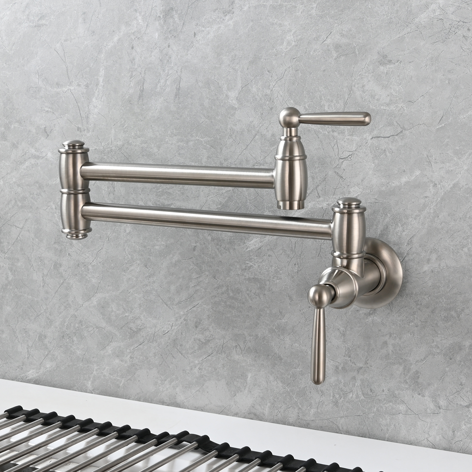 Tecmolog Brass Pot Filler Folding Wall Mount Faucet with Double Joint Swing Arm Single Hole Faucet