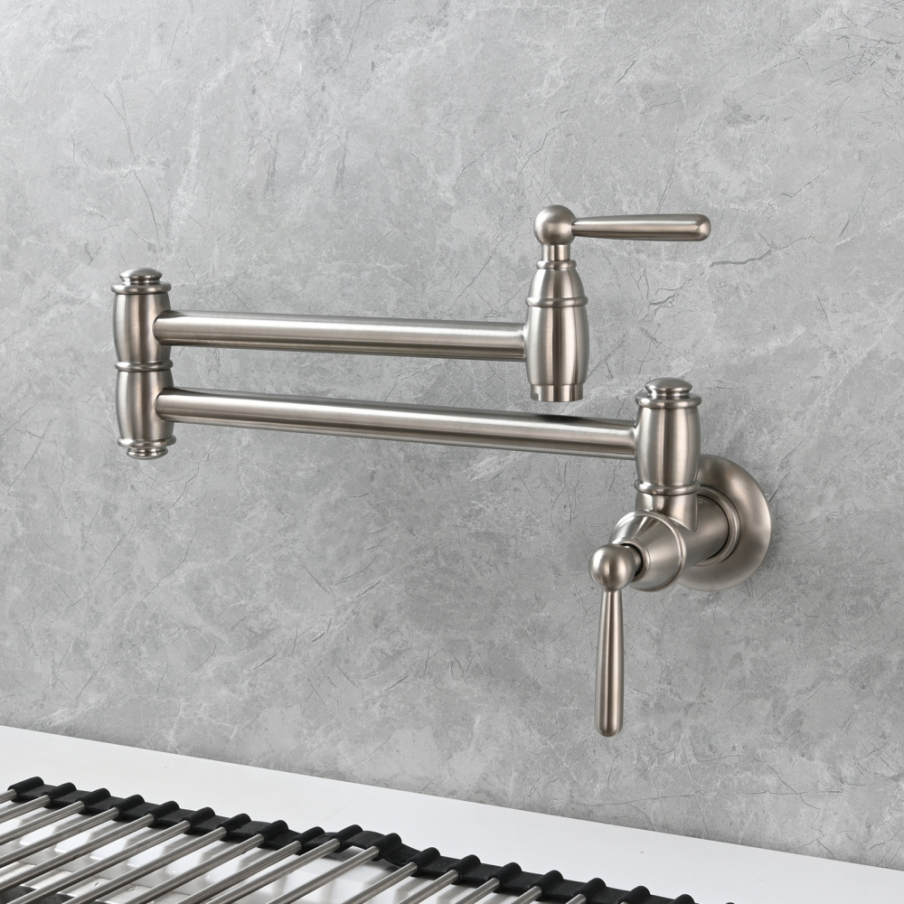 Tecmolog Brass Pot Filler Folding Wall Mount Faucet with Double Joint Swing Arm Single Hole Faucet