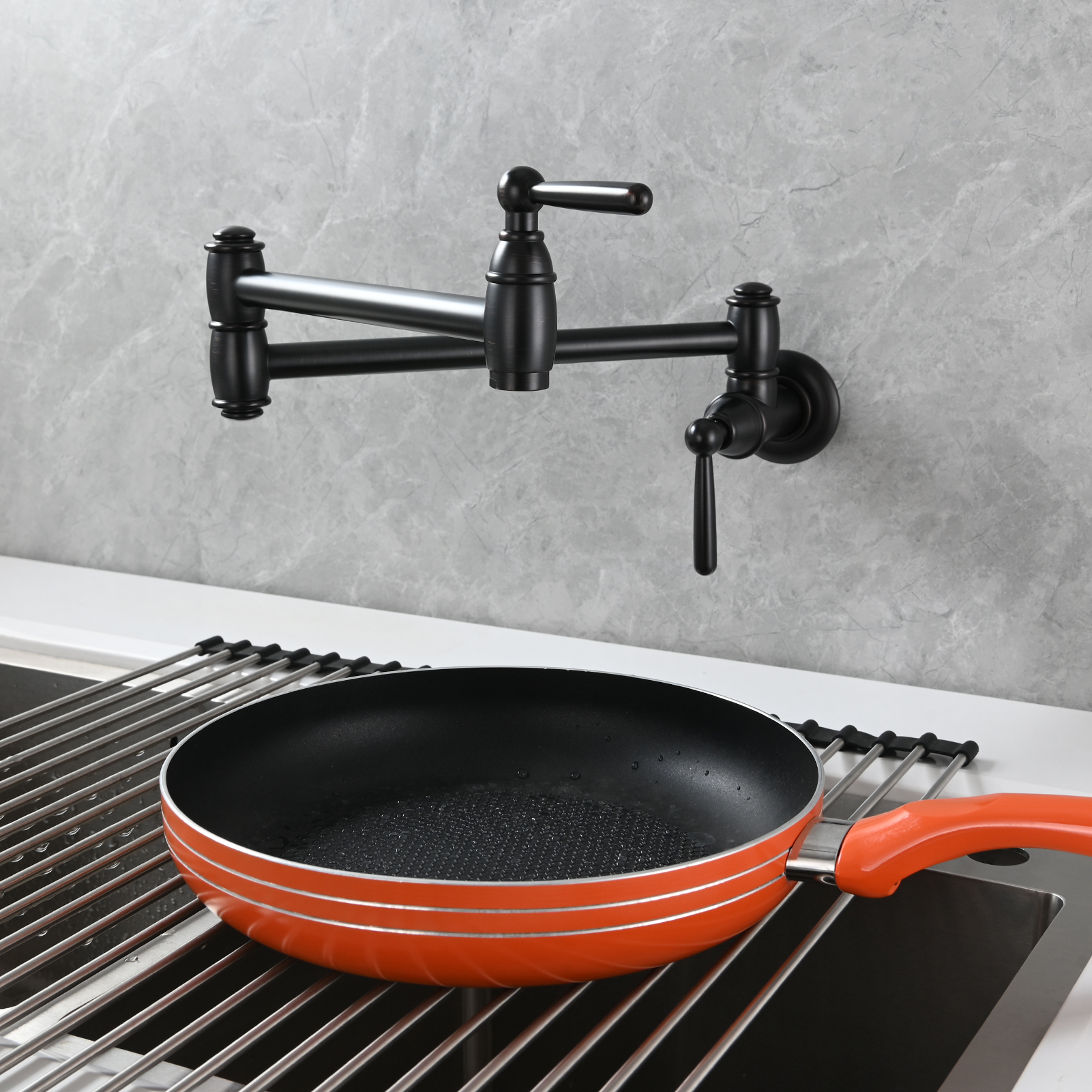 Tecmolog Brass Pot Filler Folding Wall Mount Faucet with Double Joint Swing Arm Single Hole Faucet