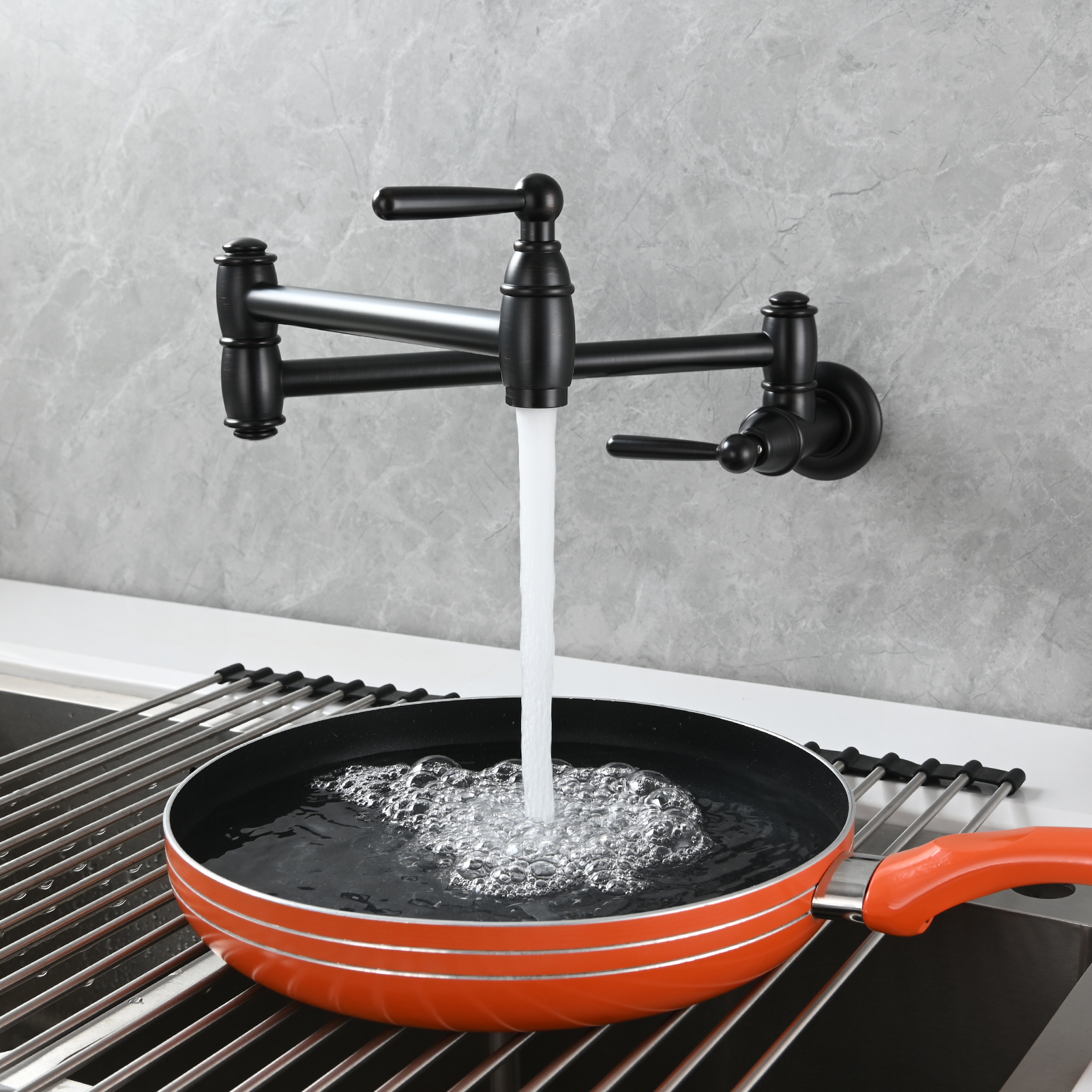 Tecmolog Brass Pot Filler Folding Wall Mount Faucet with Double Joint Swing Arm Single Hole Faucet