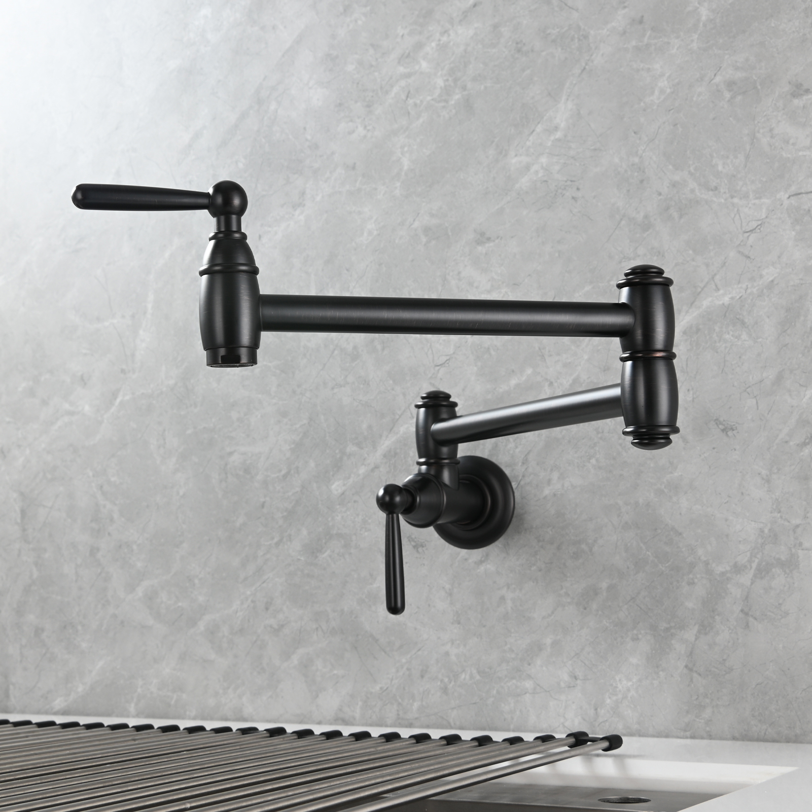 Tecmolog Brass Pot Filler Folding Wall Mount Faucet with Double Joint Swing Arm Single Hole Faucet