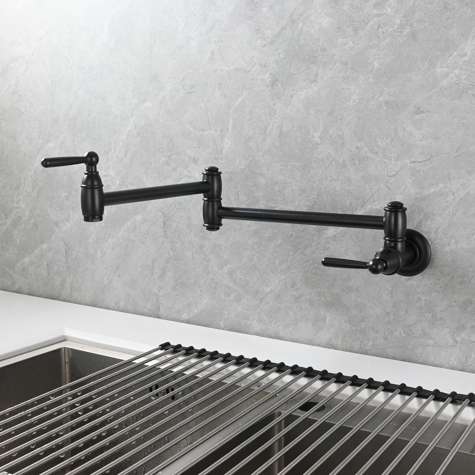 Tecmolog Brass Pot Filler Folding Wall Mount Faucet with Double Joint Swing Arm Single Hole Faucet