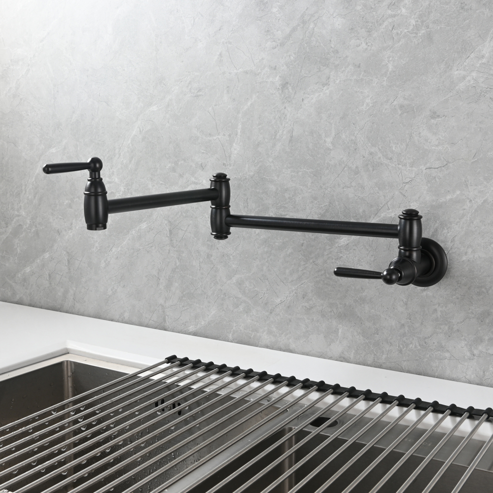 Tecmolog Brass Pot Filler Folding Wall Mount Faucet with Double Joint Swing Arm Single Hole Faucet