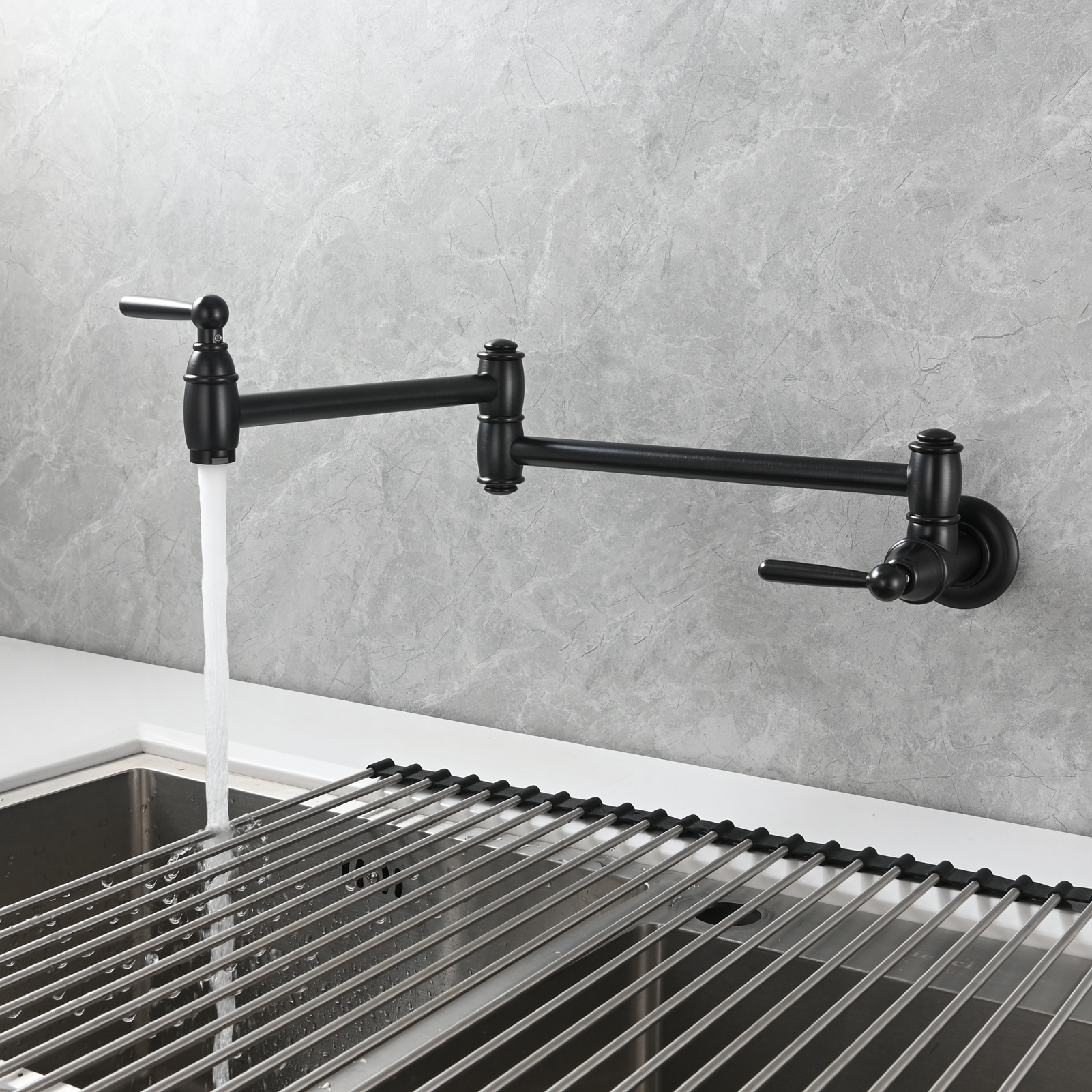 Tecmolog Brass Pot Filler Folding Wall Mount Faucet with Double Joint Swing Arm Single Hole Faucet