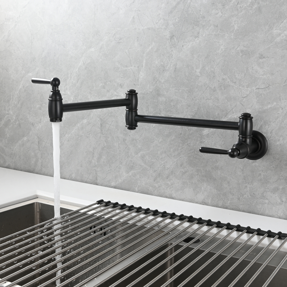 Tecmolog Brass Pot Filler Folding Wall Mount Faucet with Double Joint Swing Arm Single Hole Faucet