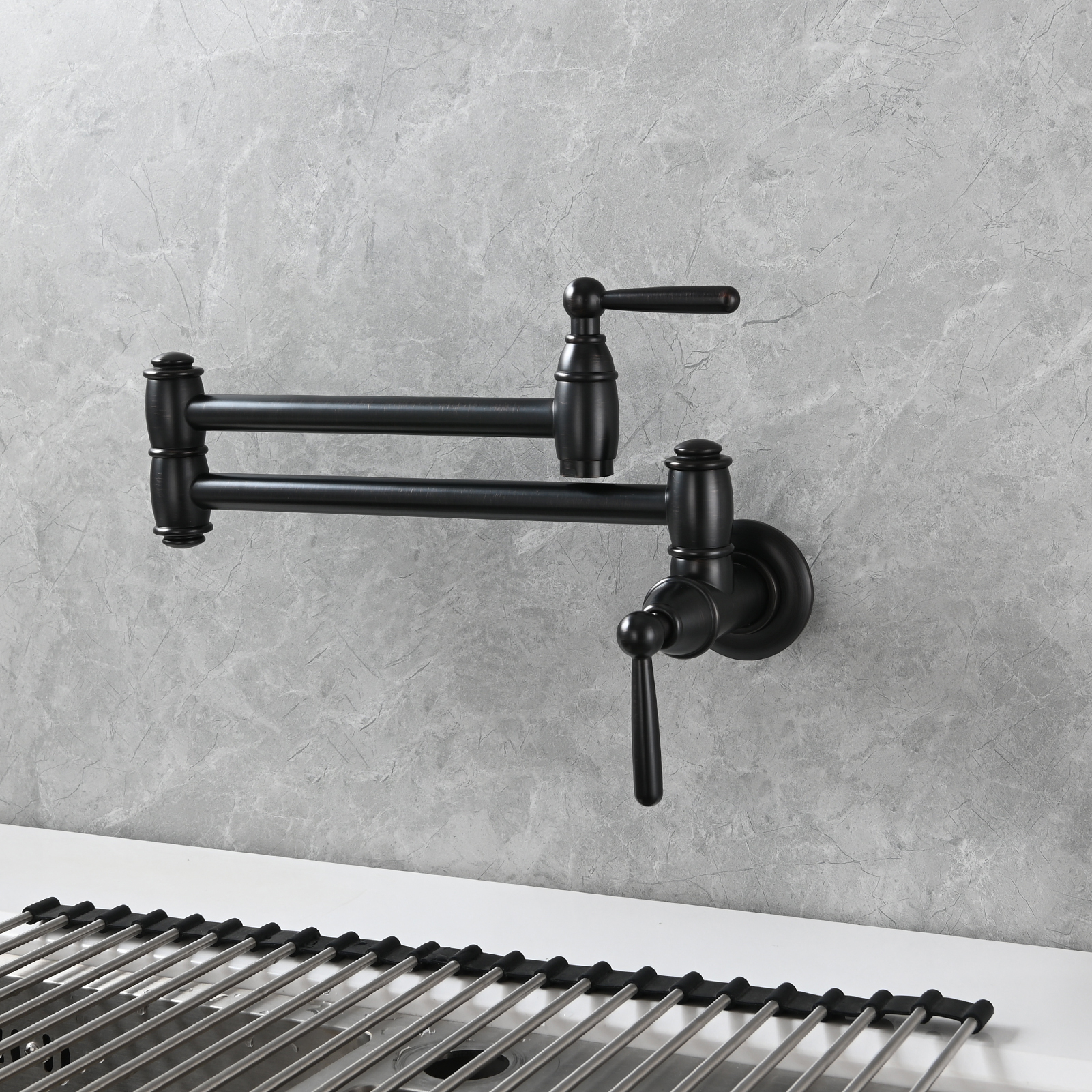 Tecmolog Brass Pot Filler Folding Wall Mount Faucet with Double Joint Swing Arm Single Hole Faucet