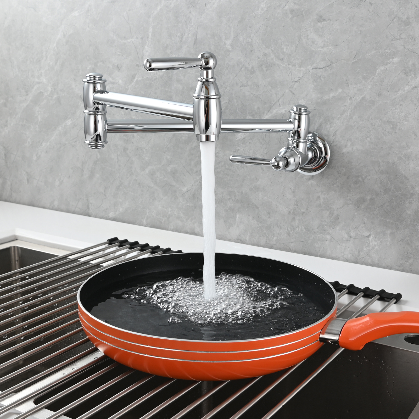 Tecmolog Brass Pot Filler Folding Wall Mount Faucet with Double Joint Swing Arm Single Hole Faucet