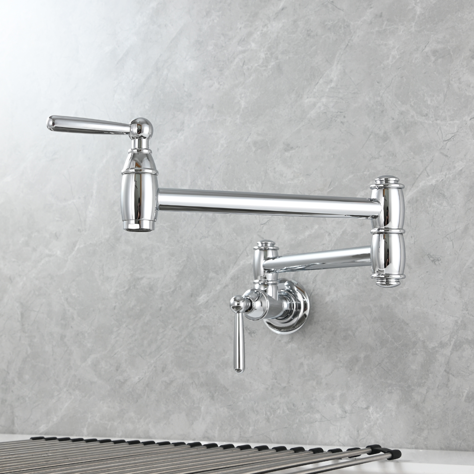 Tecmolog Brass Pot Filler Folding Wall Mount Faucet with Double Joint Swing Arm Single Hole Faucet
