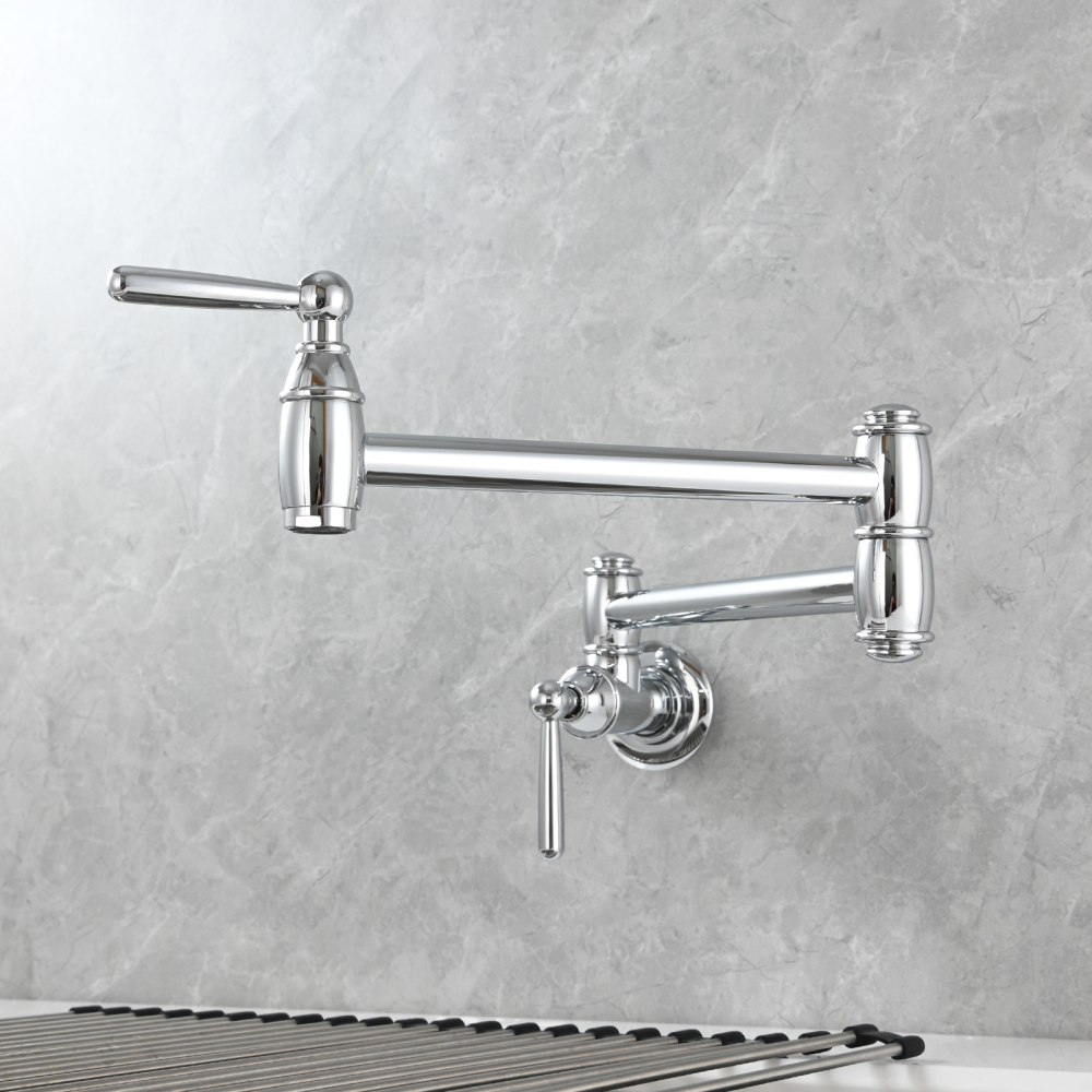 Tecmolog Brass Pot Filler Folding Wall Mount Faucet with Double Joint Swing Arm Single Hole Faucet
