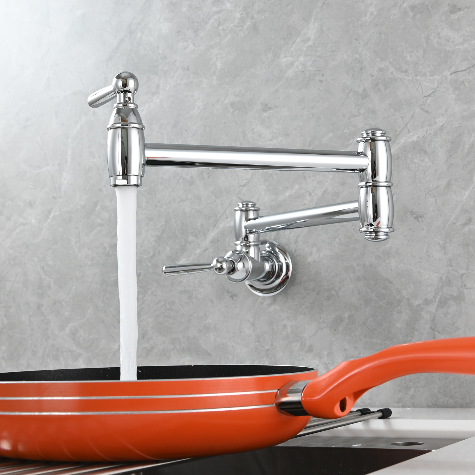 Tecmolog Brass Pot Filler Folding Wall Mount Faucet with Double Joint Swing Arm Single Hole Faucet