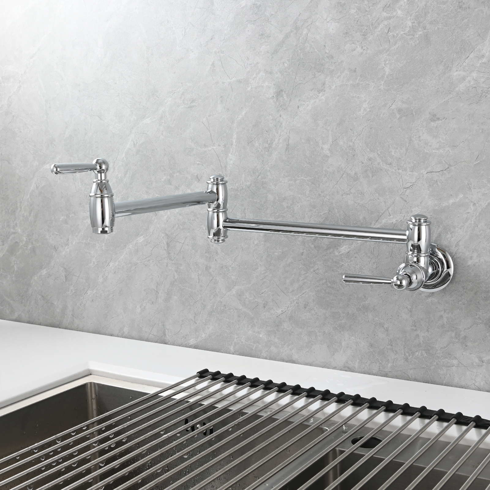 Tecmolog Brass Pot Filler Folding Wall Mount Faucet with Double Joint Swing Arm Single Hole Faucet
