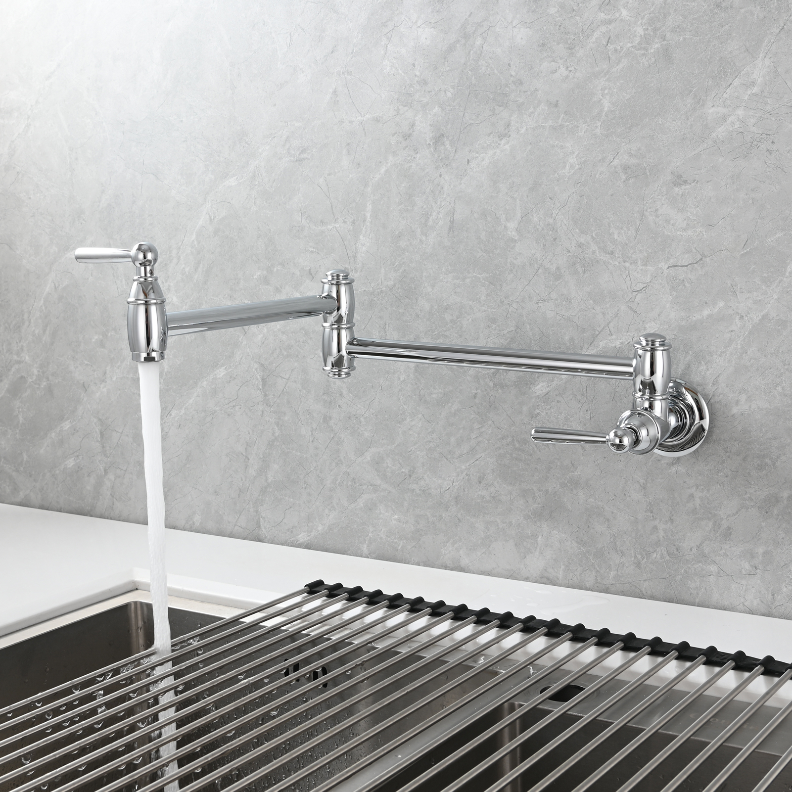 Tecmolog Brass Pot Filler Folding Wall Mount Faucet with Double Joint Swing Arm Single Hole Faucet