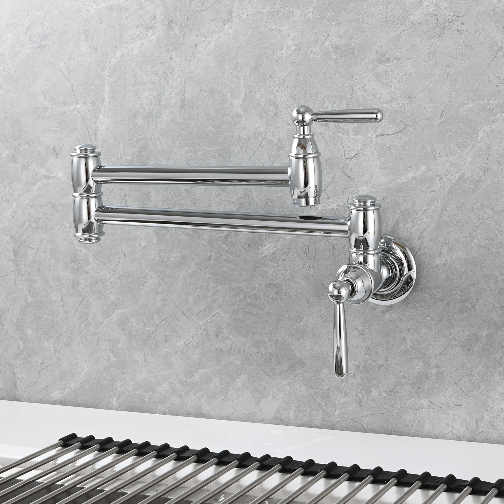Tecmolog Brass Pot Filler Folding Wall Mount Faucet with Double Joint Swing Arm Single Hole Faucet