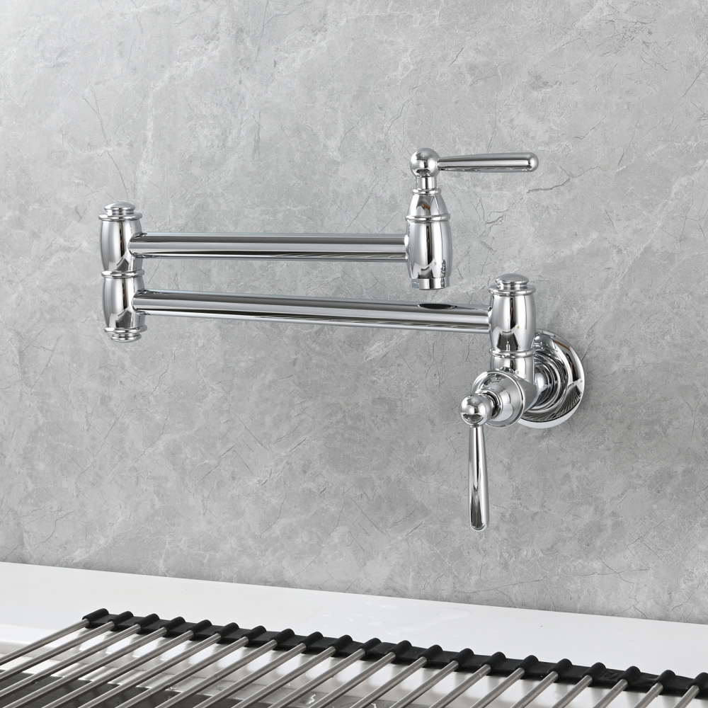 Tecmolog Brass Pot Filler Folding Wall Mount Faucet with Double Joint Swing Arm Single Hole Faucet