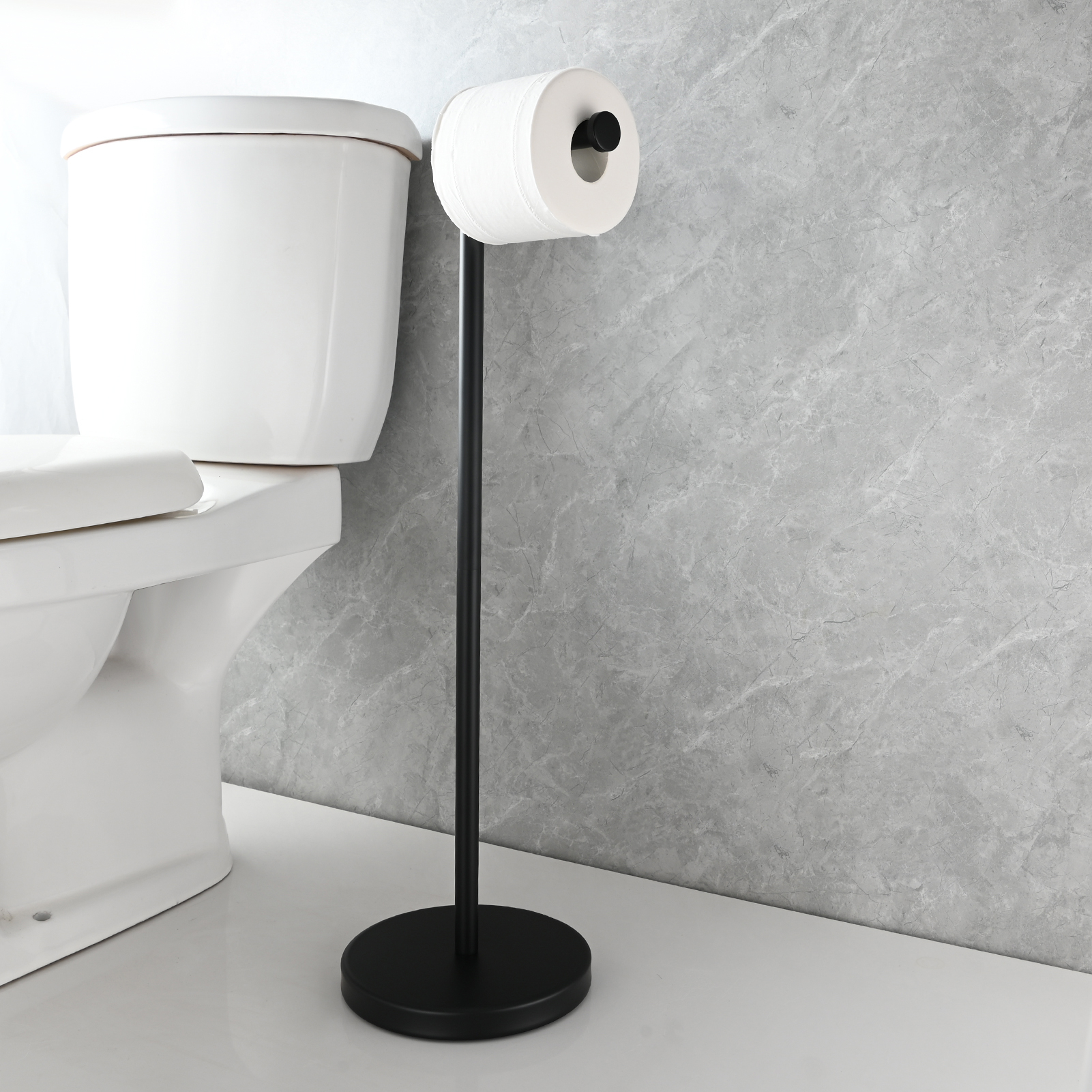 Tecmolog Stainless Steel Free Standing Paper Towel Holder,Black Bathroom Roll Holder with Non-Slip Mat,SBH265B