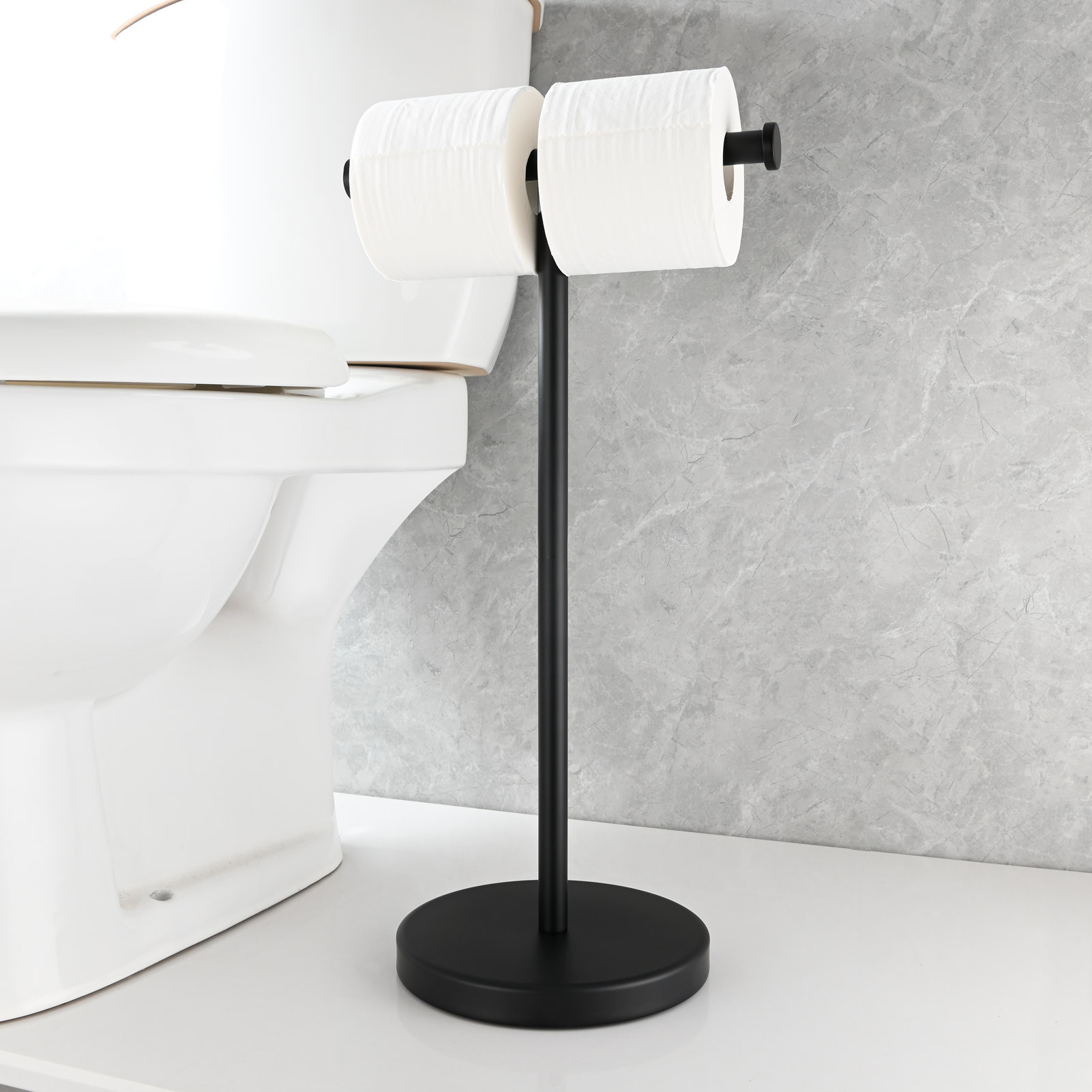Tecmolog Stainless Steel Free Standing Paper Towel Holder,Black Bathroom Roll Holder with Non-Slip Mat,SBH265B