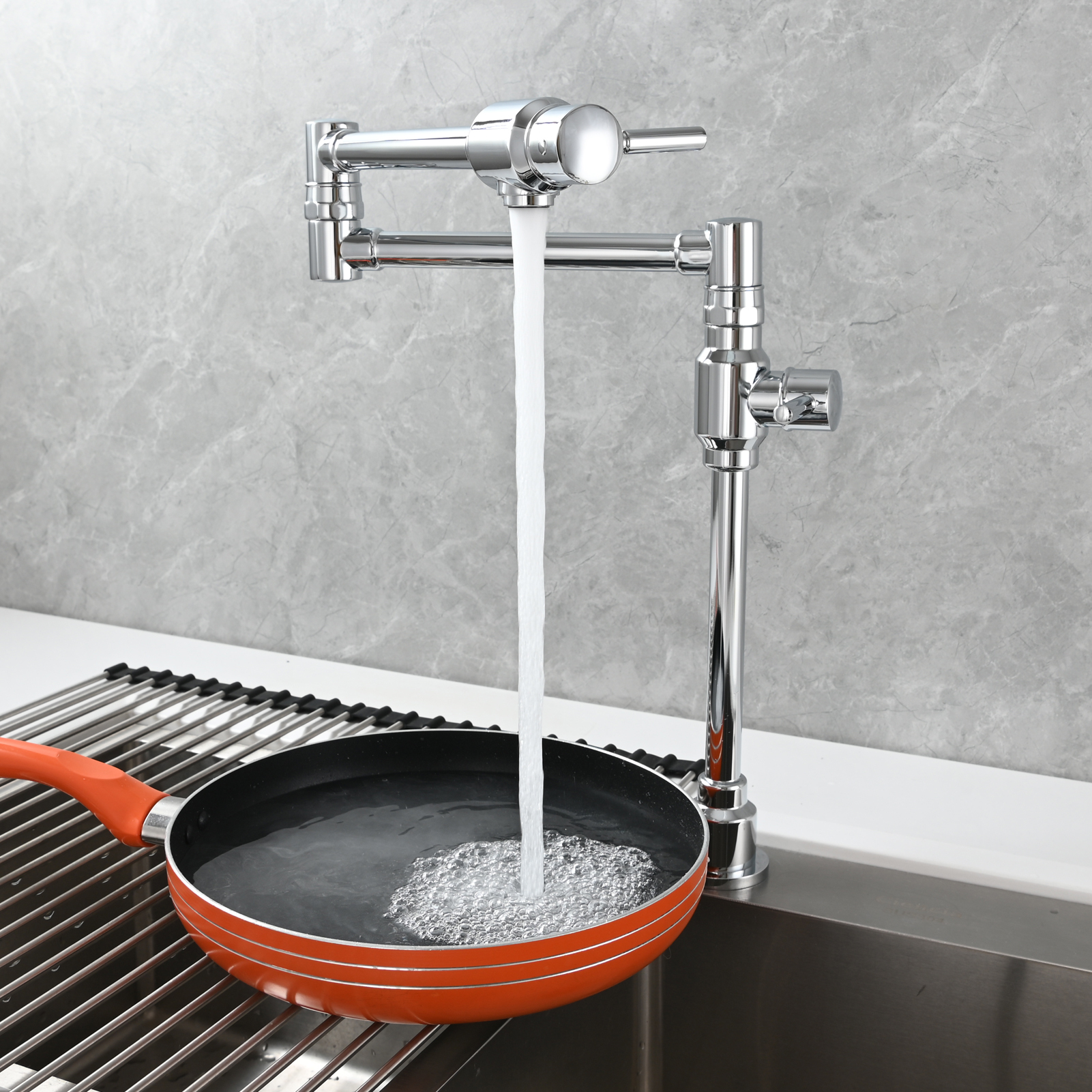 Tecmolog Brass Folding Deck Mount Pot Faucets Over Stove,Single Cold Kitchen Tap with Double Joint Swing Arms