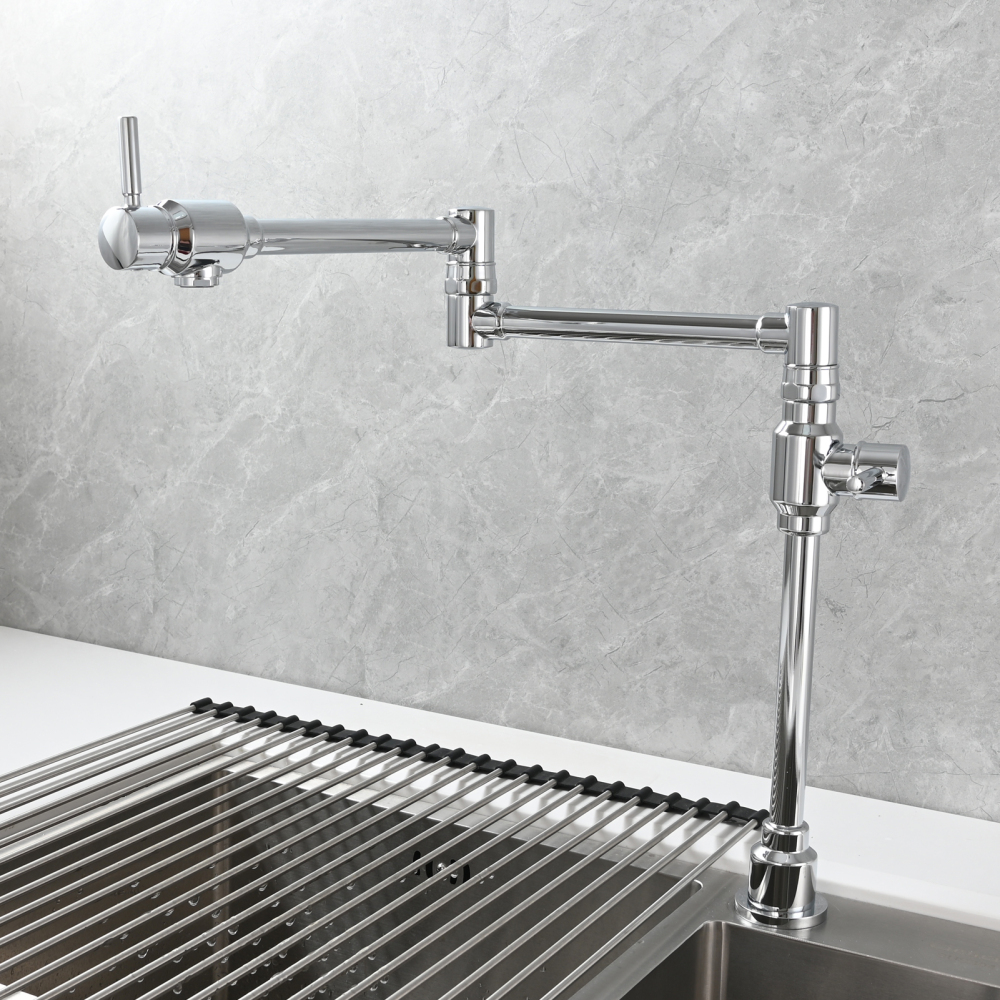 Tecmolog Brass Folding Deck Mount Pot Faucets Over Stove,Single Cold Kitchen Tap with Double Joint Swing Arms