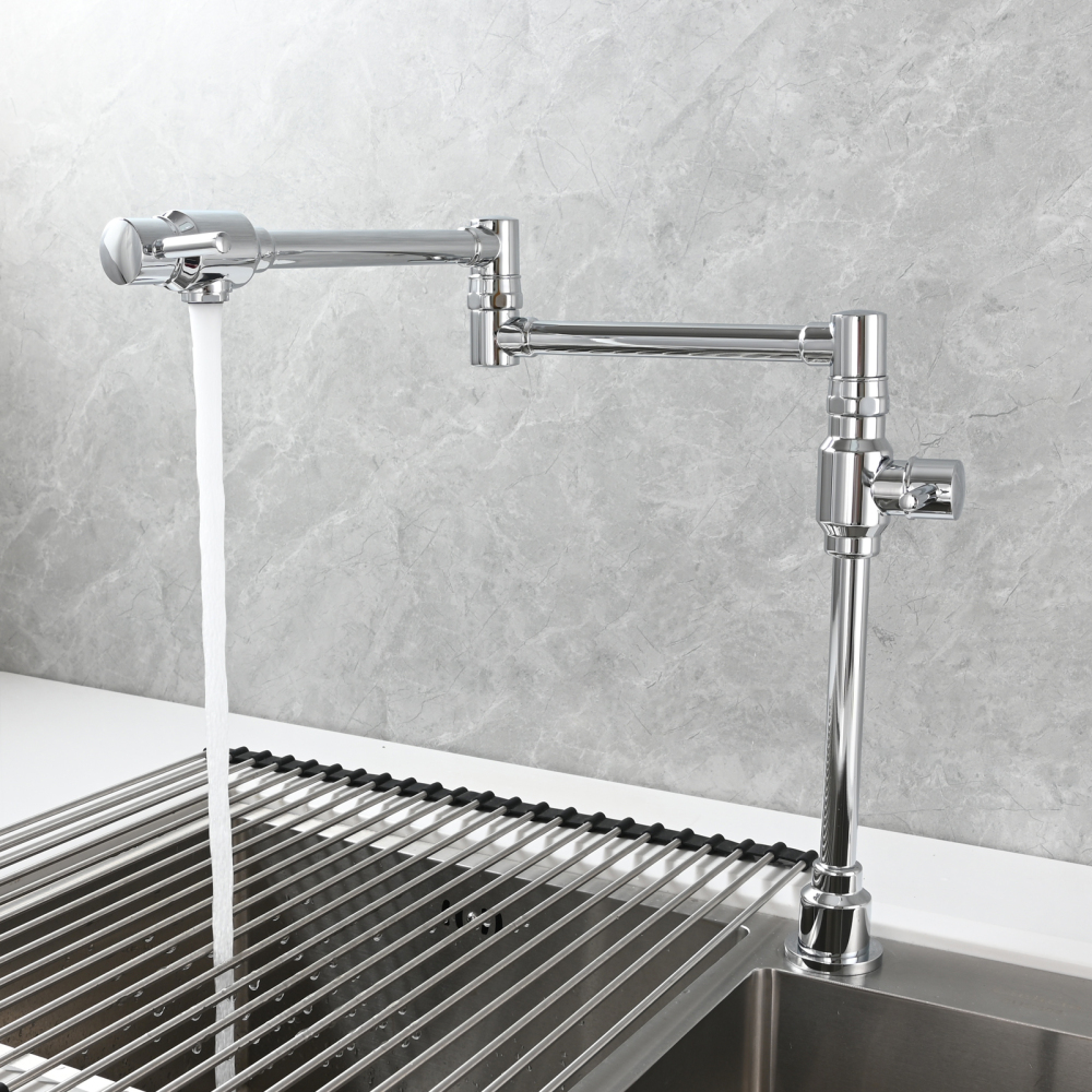 Tecmolog Brass Folding Deck Mount Pot Faucets Over Stove,Single Cold Kitchen Tap with Double Joint Swing Arms