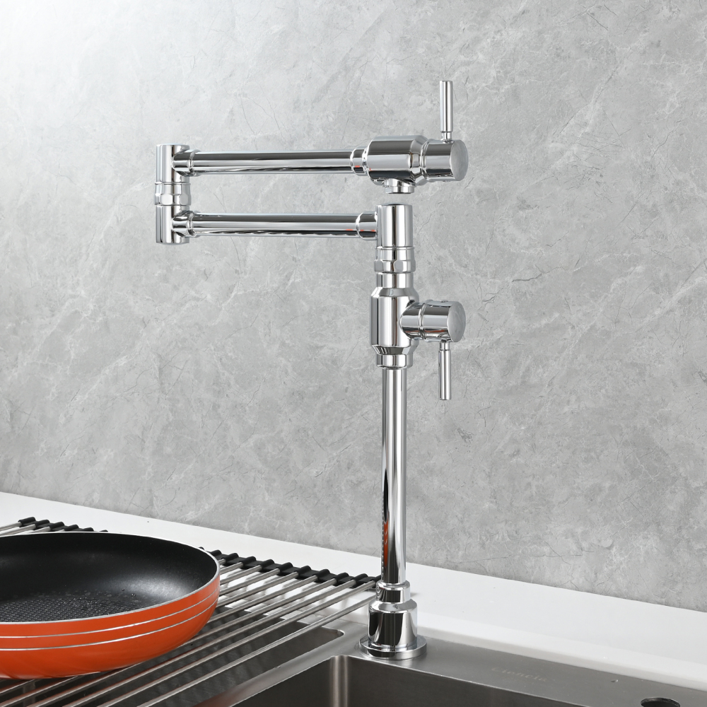 Tecmolog Brass Folding Deck Mount Pot Faucets Over Stove,Single Cold Kitchen Tap with Double Joint Swing Arms