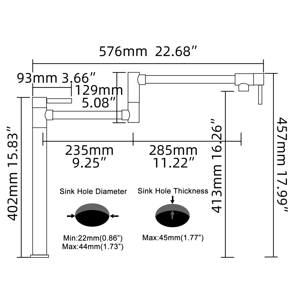 Tecmolog Brass Folding Faucet Single Cold Kitchen Tap with Double Joint Swing Arms