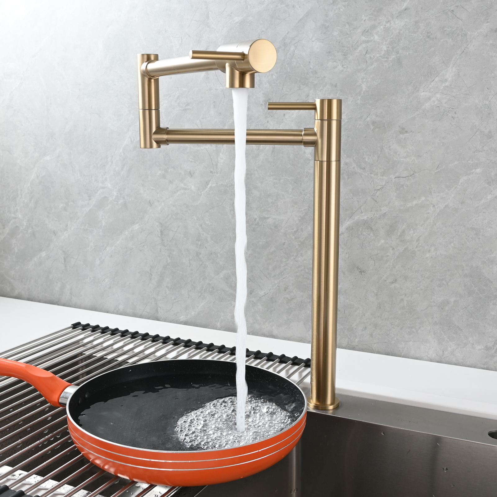 Tecmolog Brass Folding Faucet Single Cold Kitchen Tap with Double Joint Swing Arms